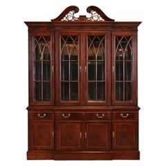Georgian Carved Flame Mahogany Lighted Breakfront Bookcase Cabinet