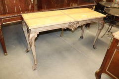 Georgian Carved Gray Painted Leather Top Console Sofa Table, Circa 1950s