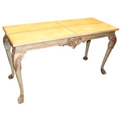 Georgian Carved Gray Painted Leather Top Console Sofa Table, Circa 1950s