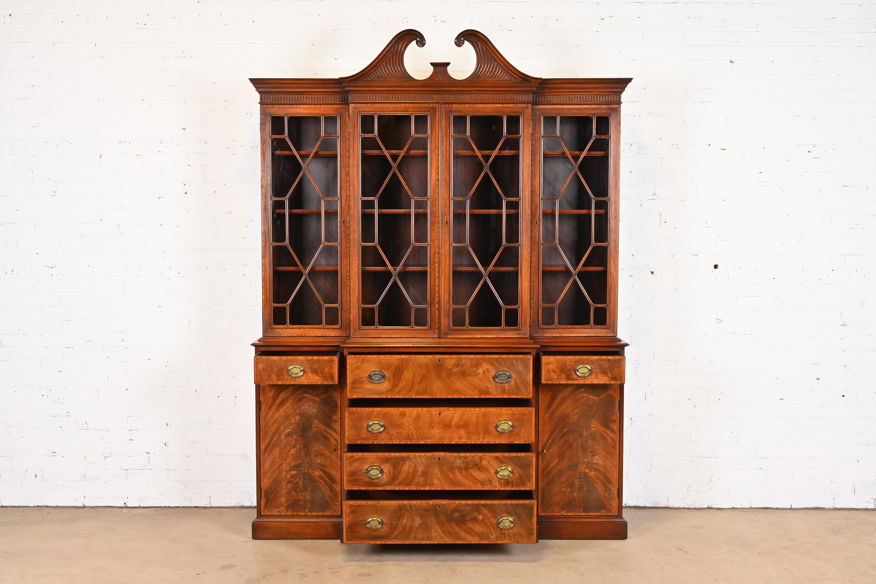 Georgian Carved Mahogany Breakfront Bookcase Cabinet by Beacon Hill 5