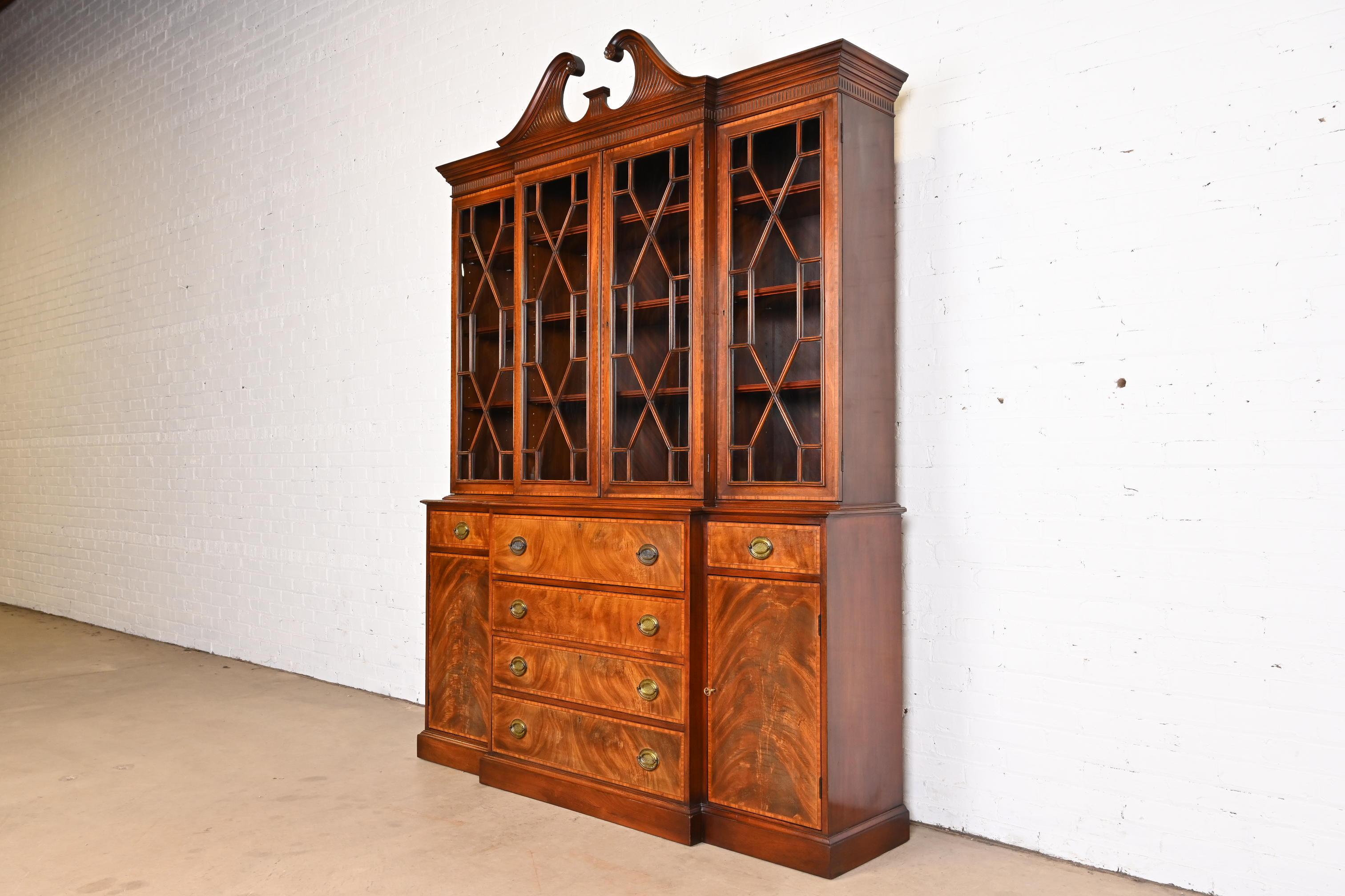 American Georgian Carved Mahogany Breakfront Bookcase Cabinet by Beacon Hill