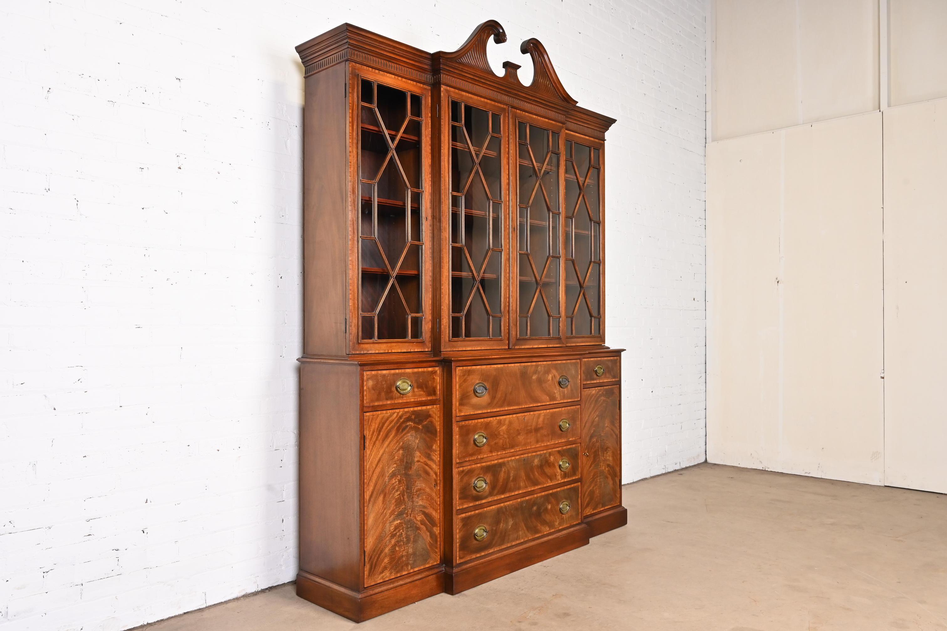20th Century Georgian Carved Mahogany Breakfront Bookcase Cabinet by Beacon Hill
