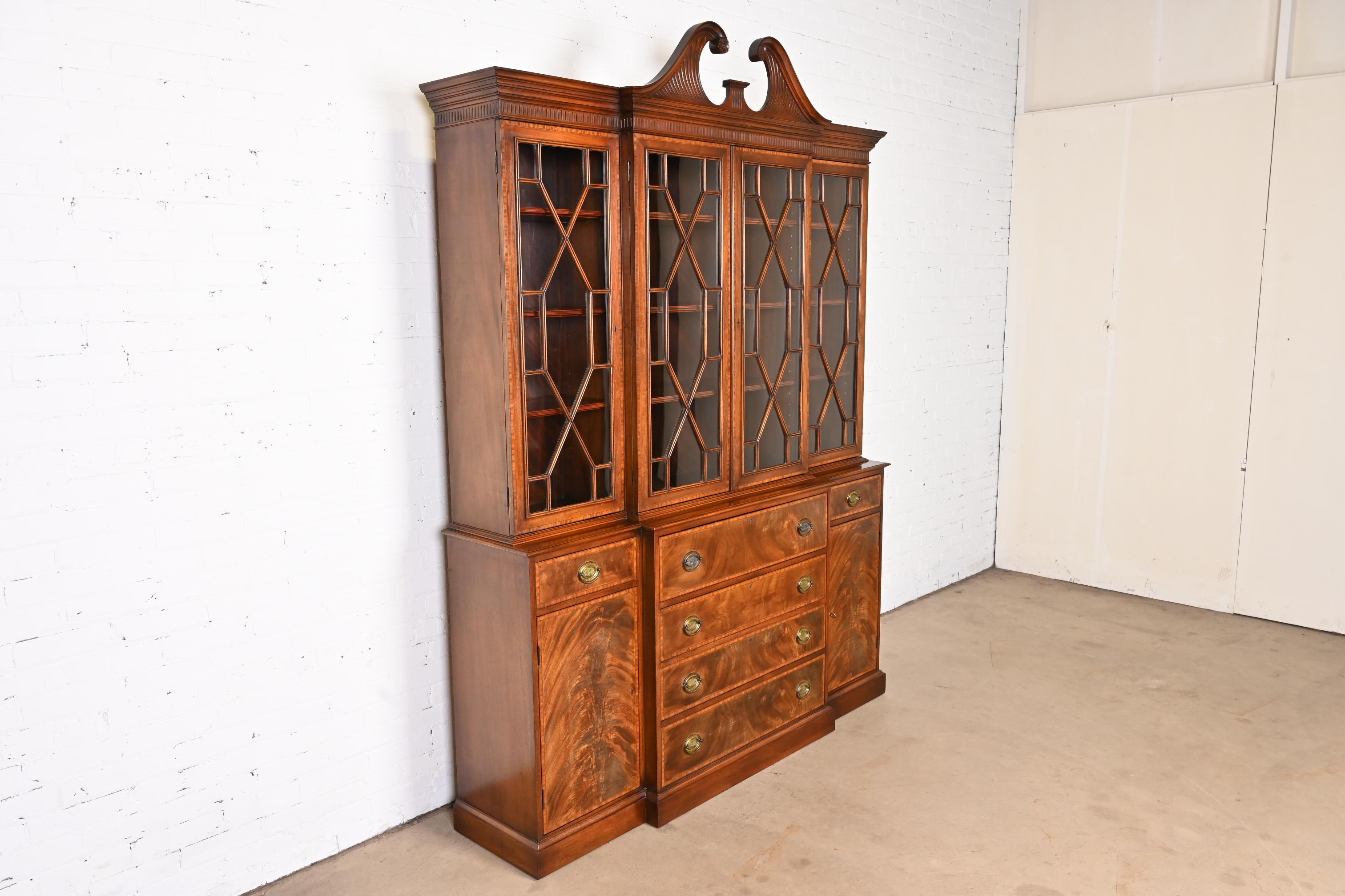 Glass Georgian Carved Mahogany Breakfront Bookcase Cabinet by Beacon Hill