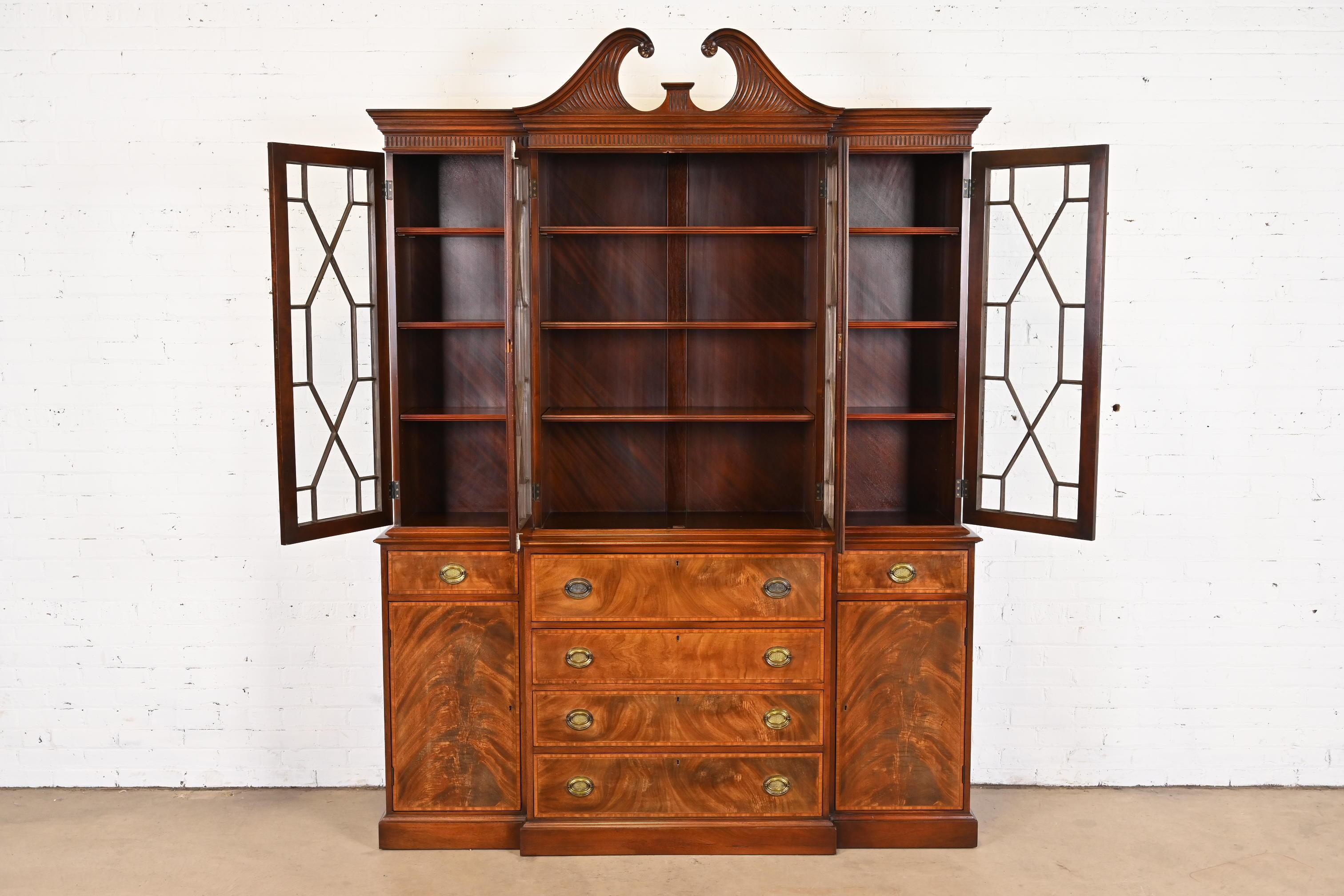 Georgian Carved Mahogany Breakfront Bookcase Cabinet by Beacon Hill 1