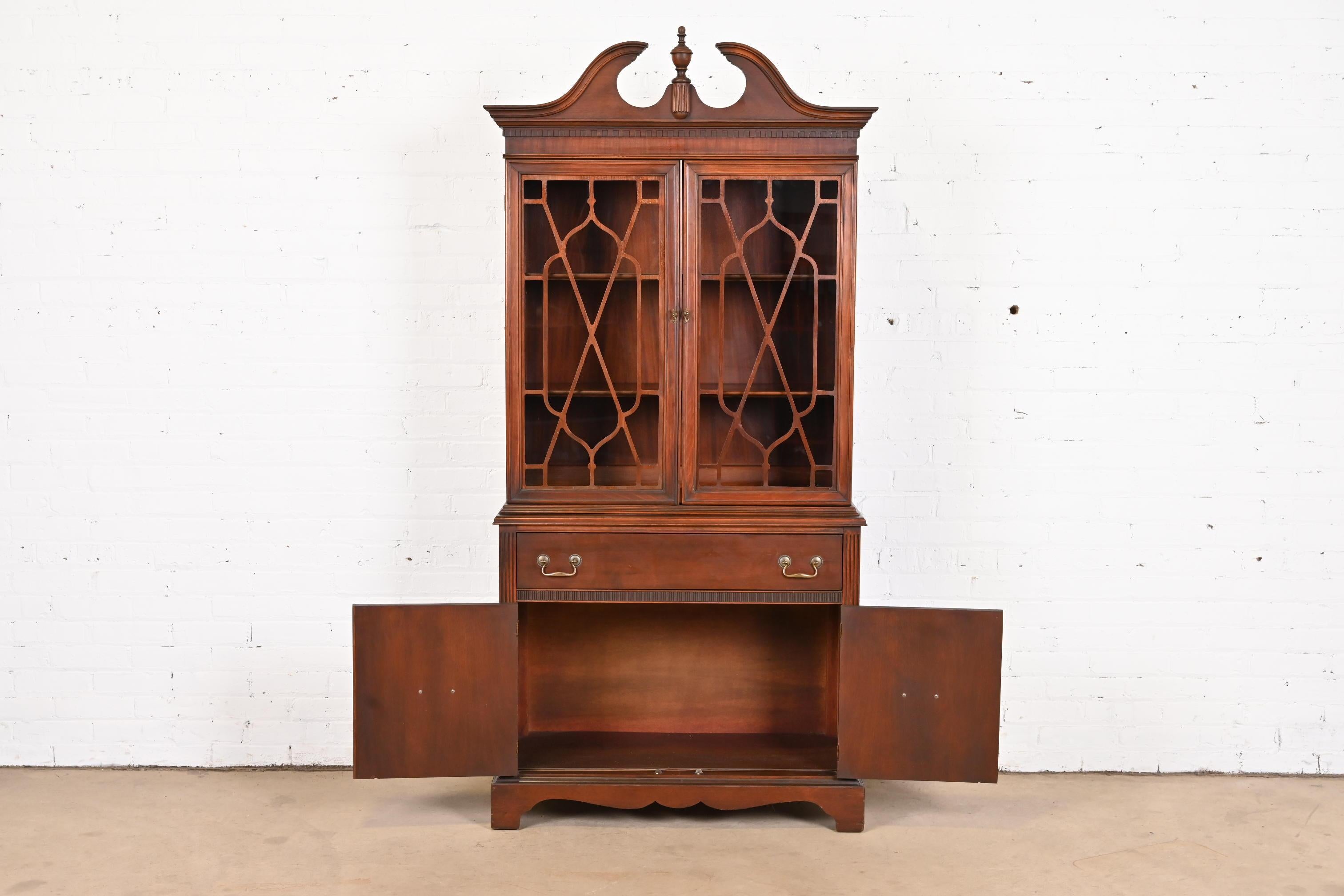 Brass Georgian Carved Mahogany Breakfront Bookcase Cabinet