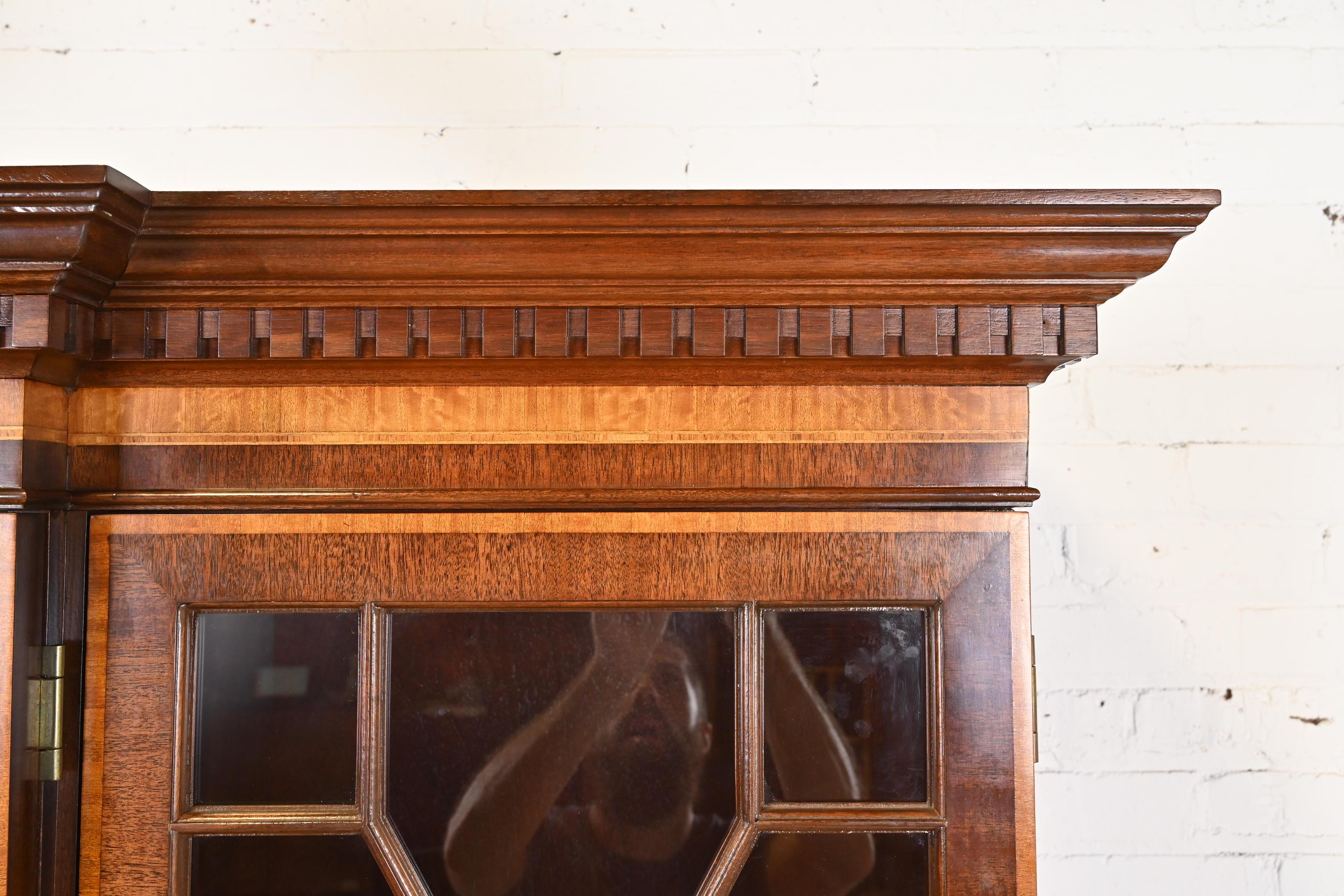 Georgian Carved Mahogany Lighted Breakfront Bookcase Cabinet by Craftique 4