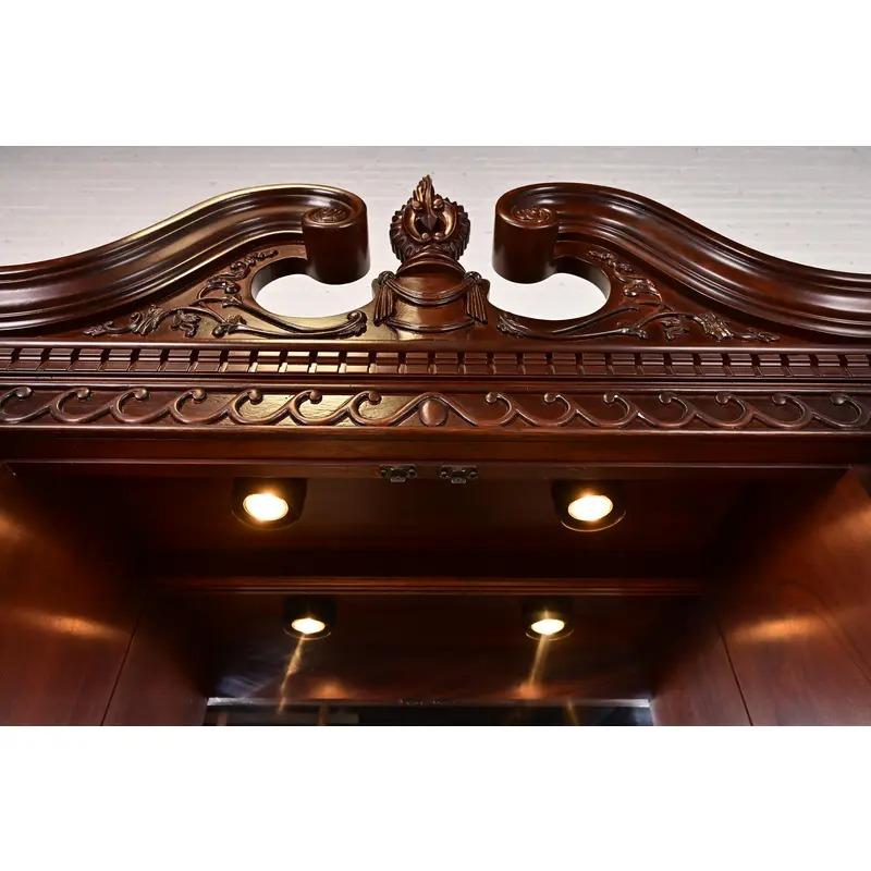 Georgian Carved Mahogany Lighted Breakfront Bookcase Cabinet by Craftique For Sale 5