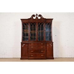Georgian Carved Mahogany Lighted Breakfront Bookcase Cabinet by Craftique