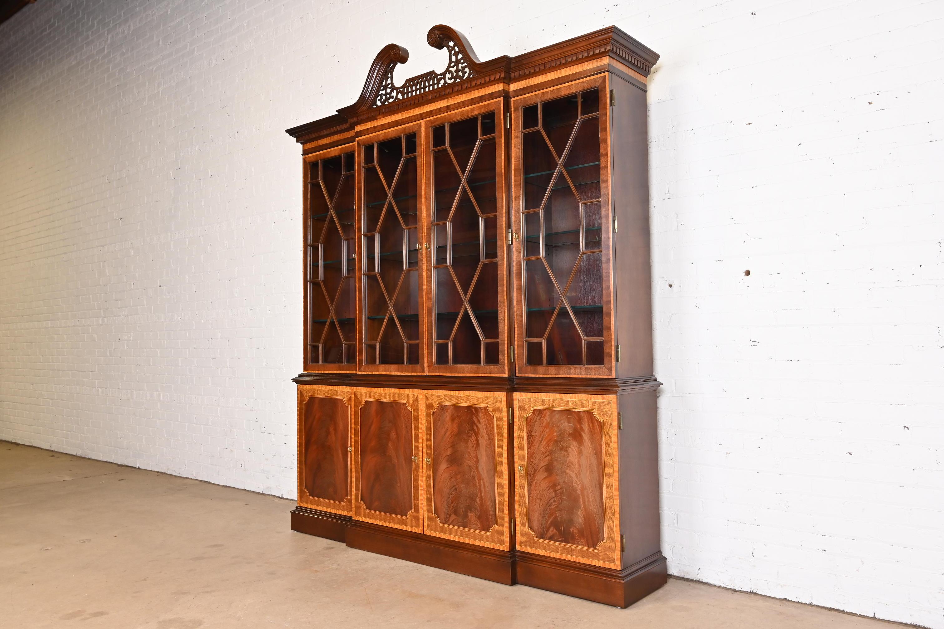 American Georgian Carved Mahogany Lighted Breakfront Bookcase Cabinet by Craftique