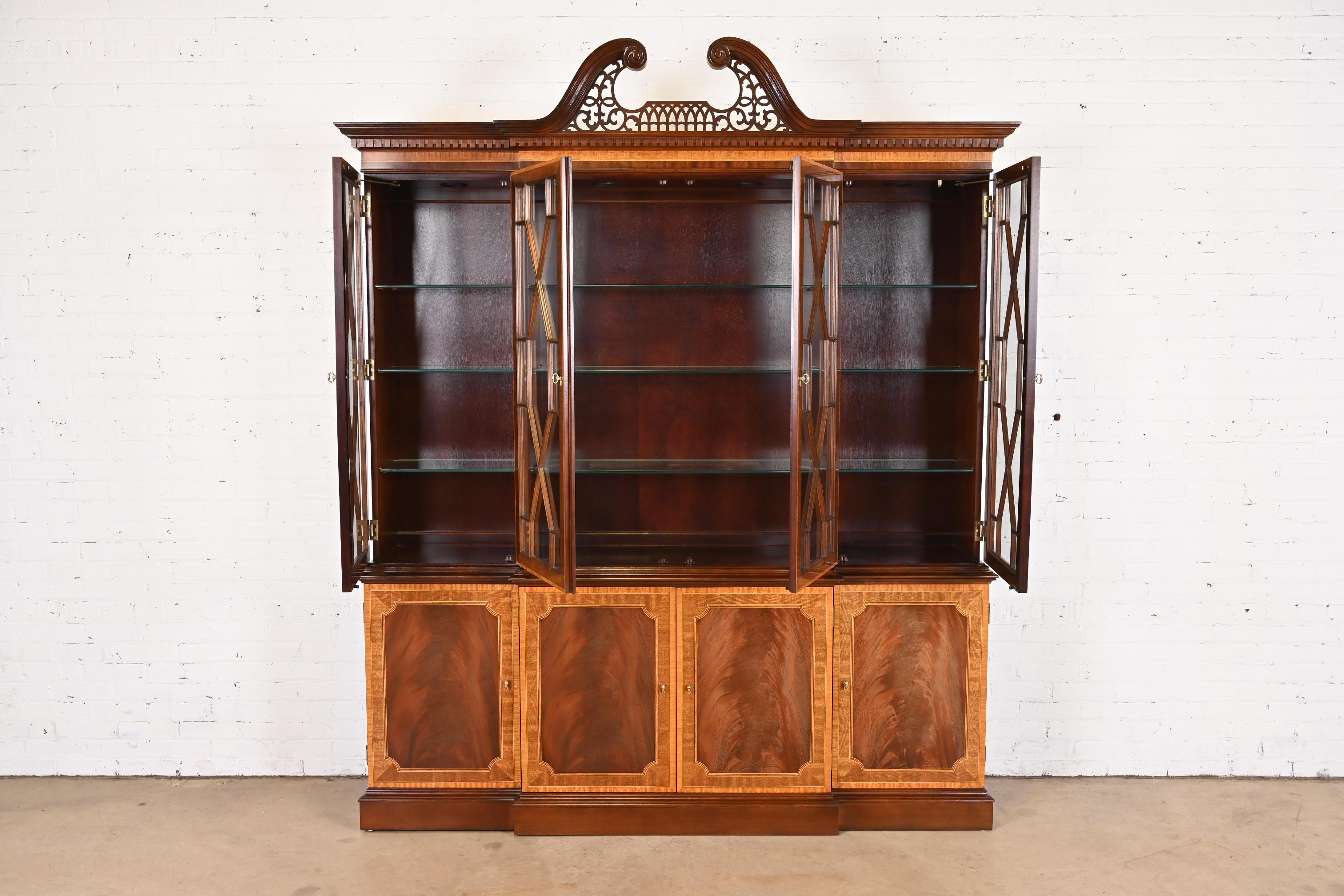 20th Century Georgian Carved Mahogany Lighted Breakfront Bookcase Cabinet by Craftique