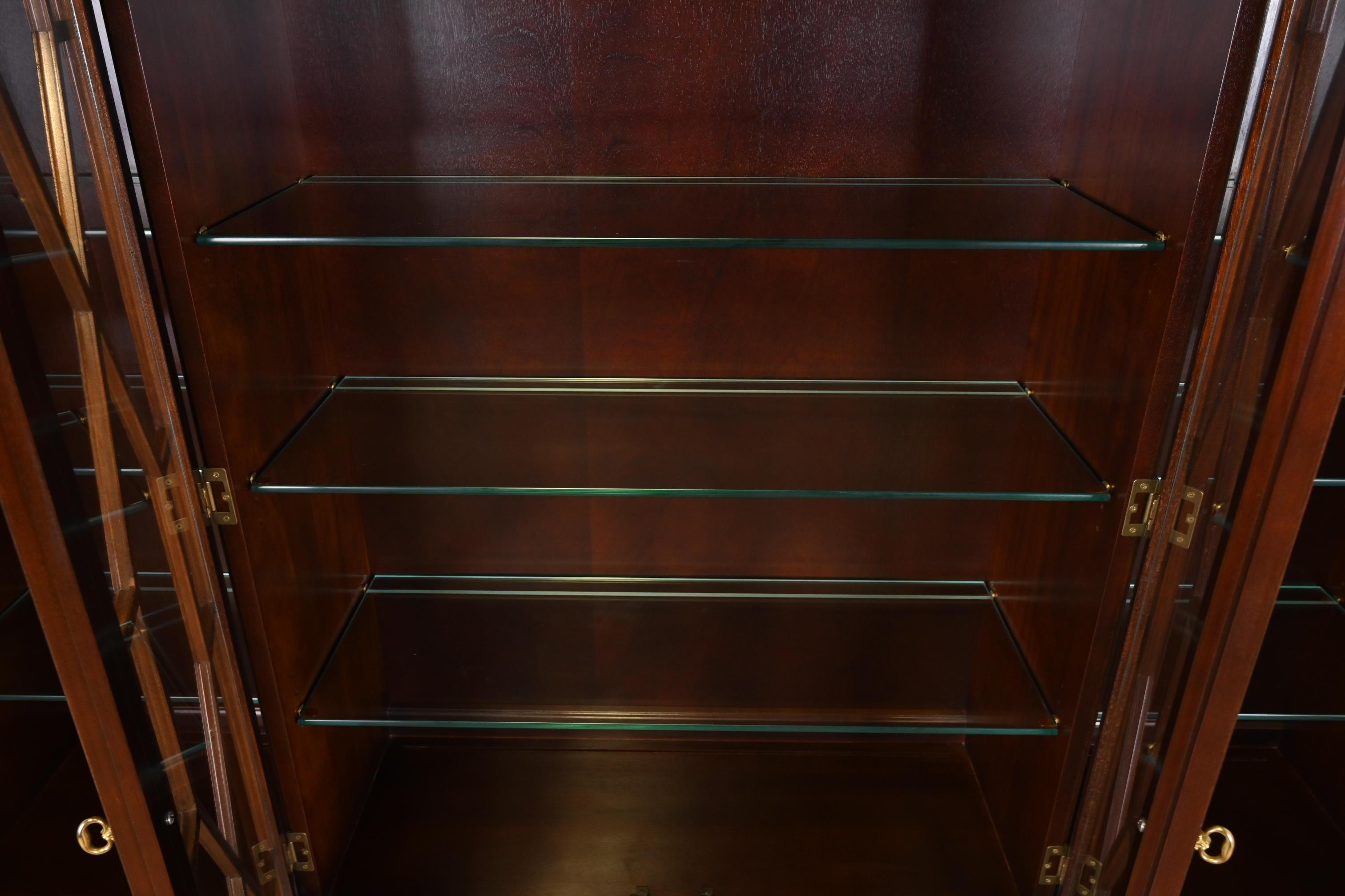 Brass Georgian Carved Mahogany Lighted Breakfront Bookcase Cabinet by Craftique