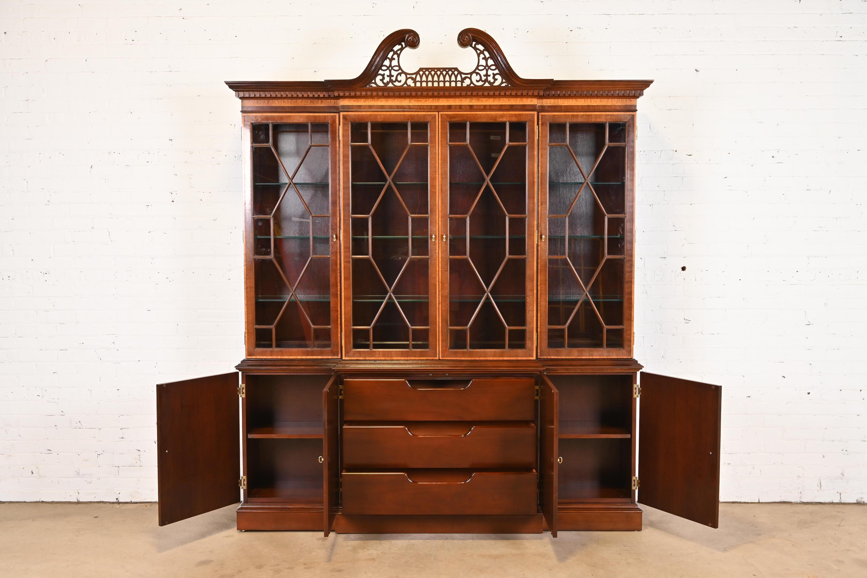 Georgian Carved Mahogany Lighted Breakfront Bookcase Cabinet by Craftique 1