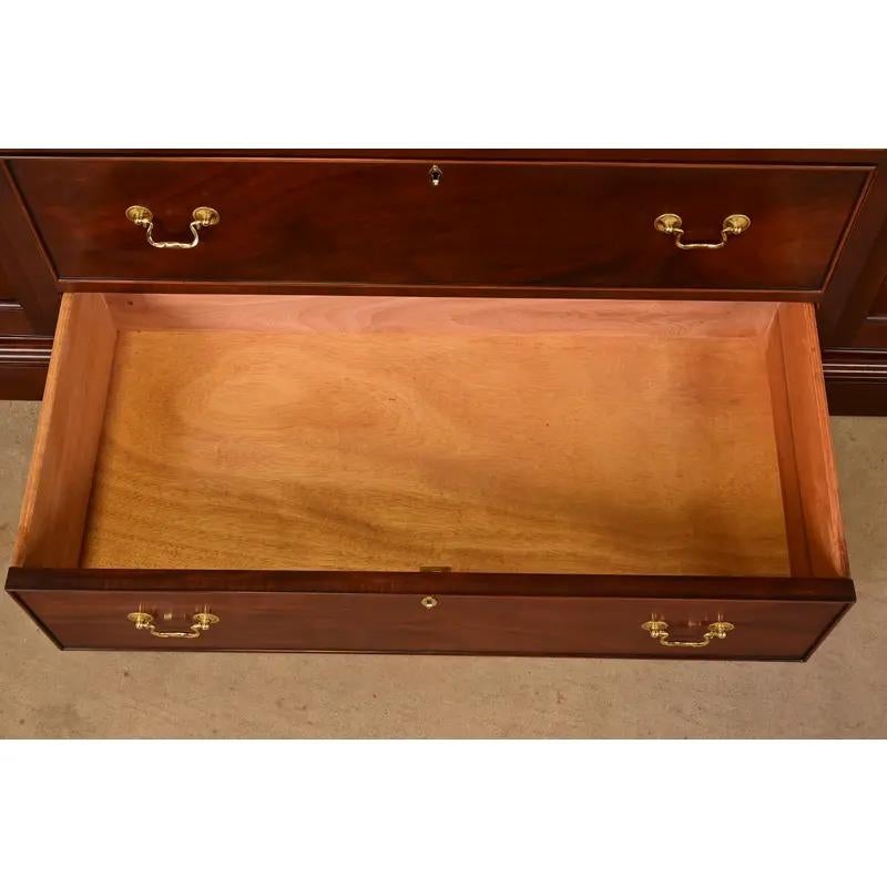 Georgian Carved Mahogany Lighted Breakfront Bookcase Cabinet by Craftique For Sale 1