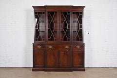 Georgian Carved Mahogany Lighted Breakfront Bookcase Cabinet by Hickory