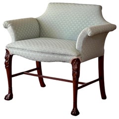 Georgian Style Carved Mahogany Upholstered Vanity Bench, Celadon Blue