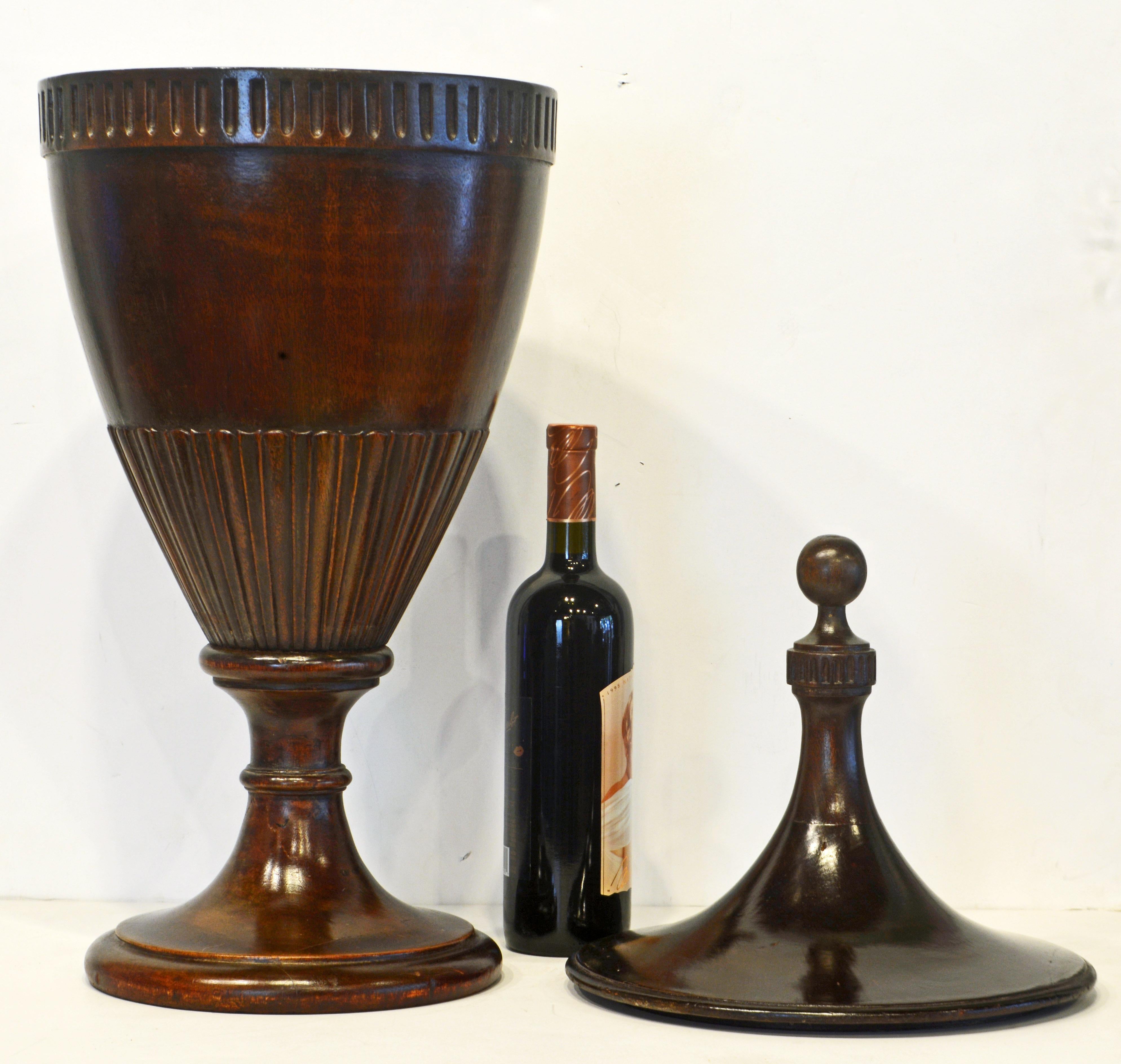 English Georgian Carved Mahogany Zinc Lined Urn Shape Lidded Wine Cooler, England