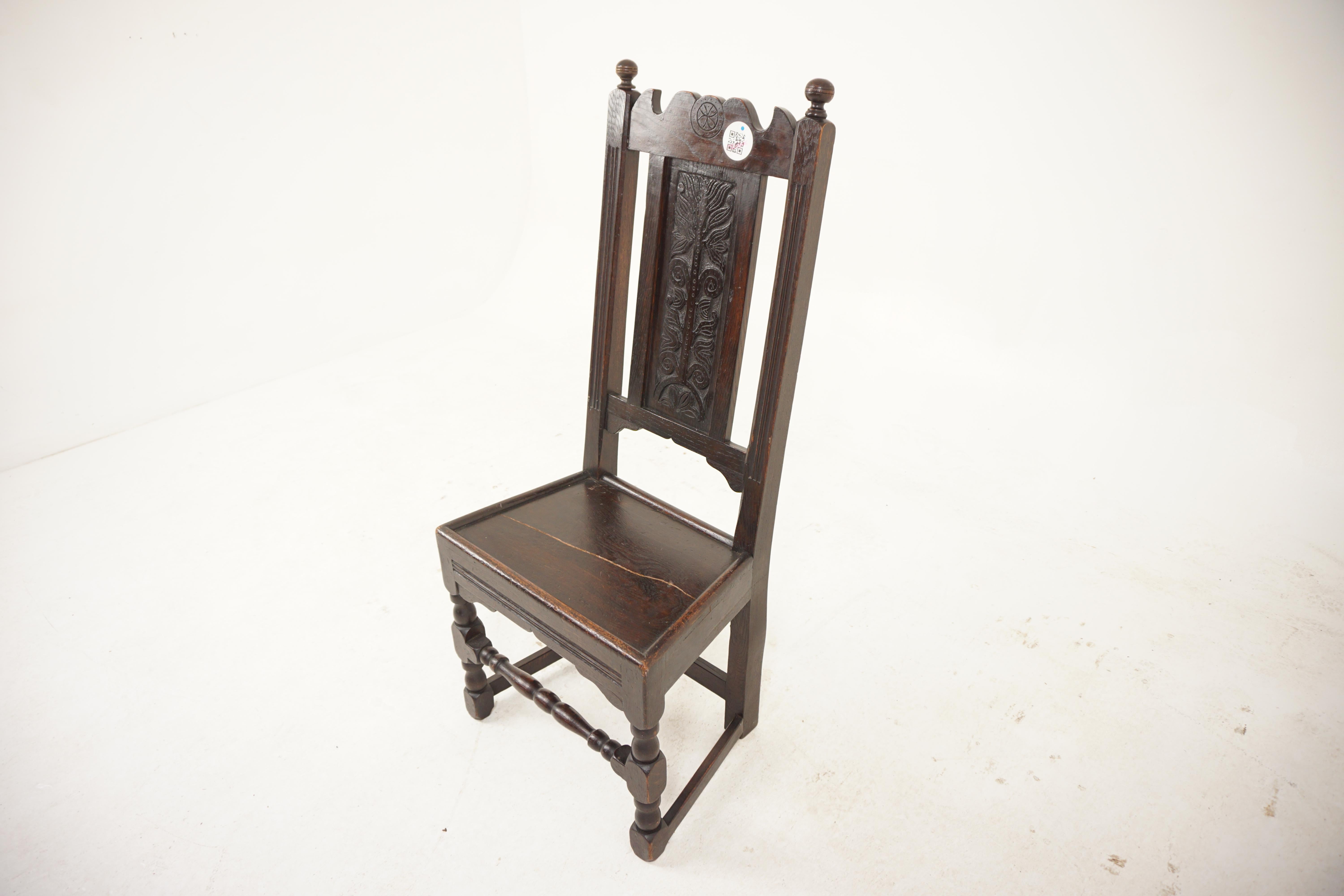 Georgian carved oak hall chair, Scotland 1820, H579

Scotland 1820
Solid oak
Original finish
Carved top rail with reeded side supports
Turned finials on top
Carved panelled back with floral design
Solid wooden seat with split on