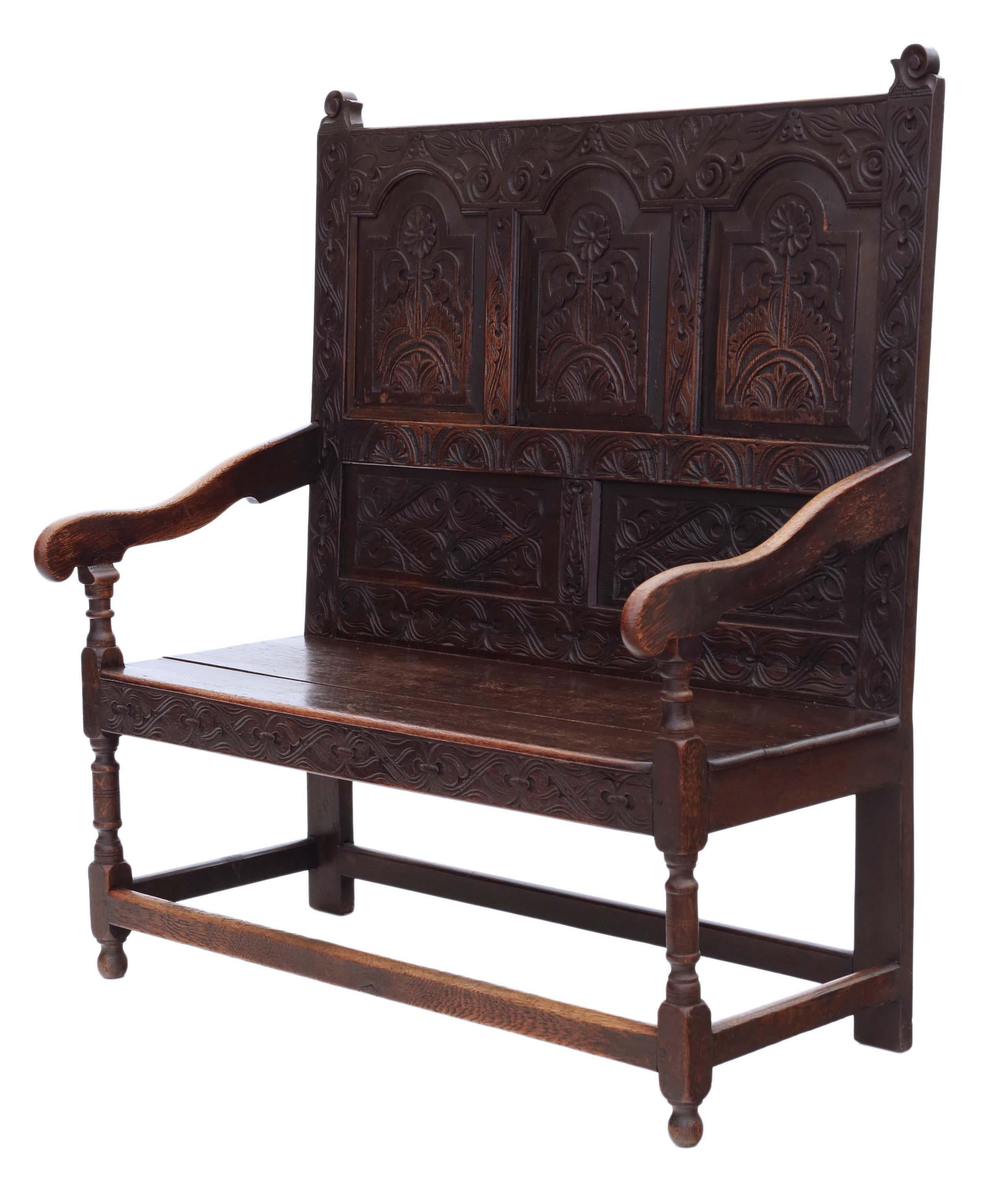 Georgian Carved Oak Settle Bench In Good Condition In Wisbech, Cambridgeshire