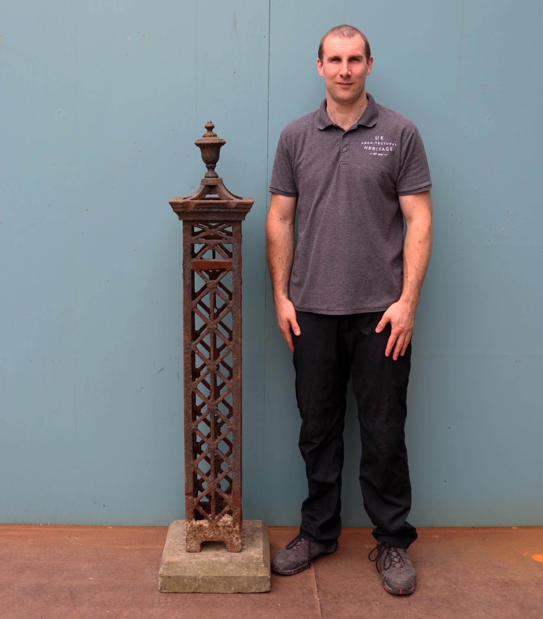 A decorative metal obelisk for a garden or courtyard. Cast in iron at the beginning of the 19th century, this garden obelisk has stood the test of time for more than 200 years. It has a weathered appearance that can only be created by years of