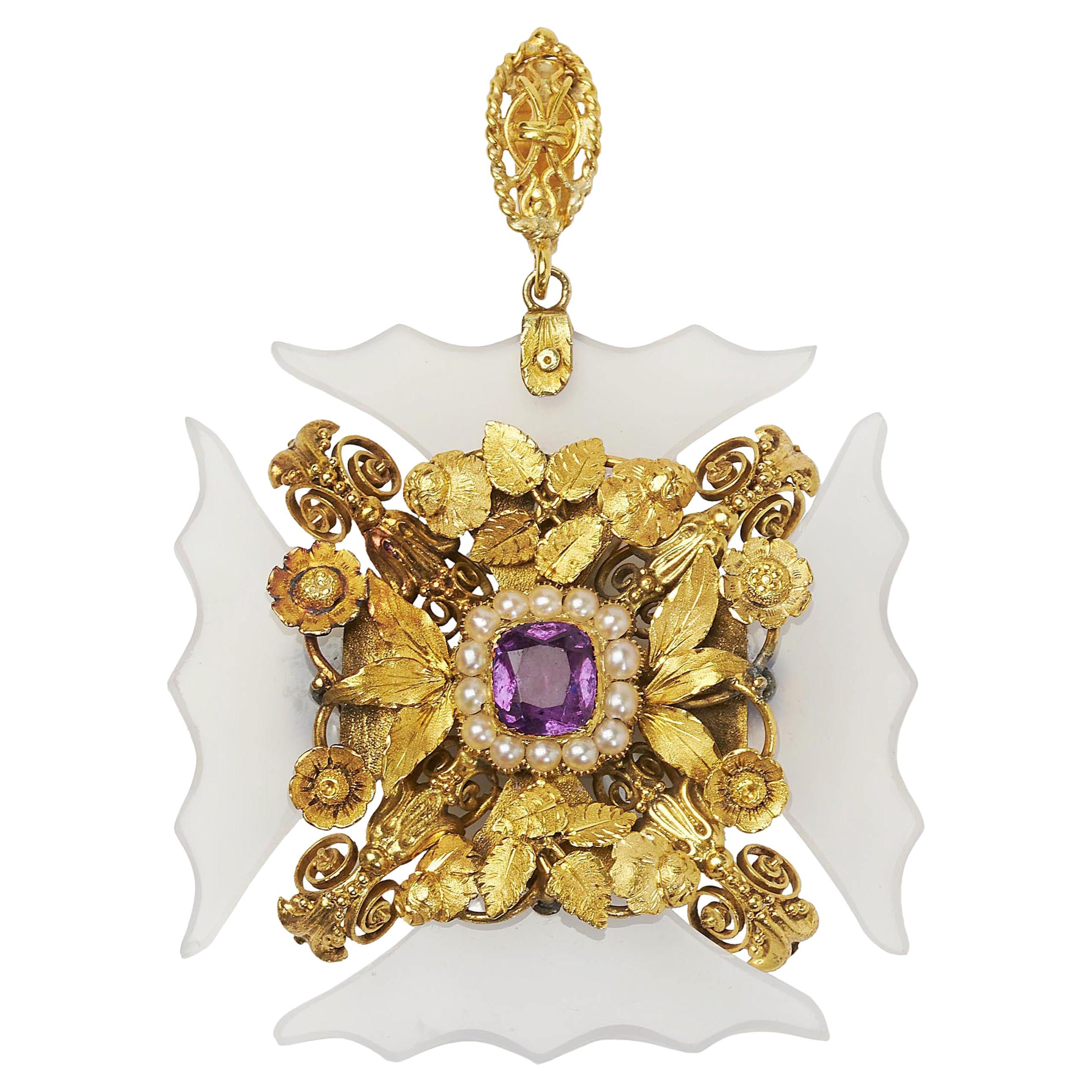 Georgian Chalcedony, Amethyst, Pearl Silver and Gold Cross Pattée Pendant, 1790 For Sale