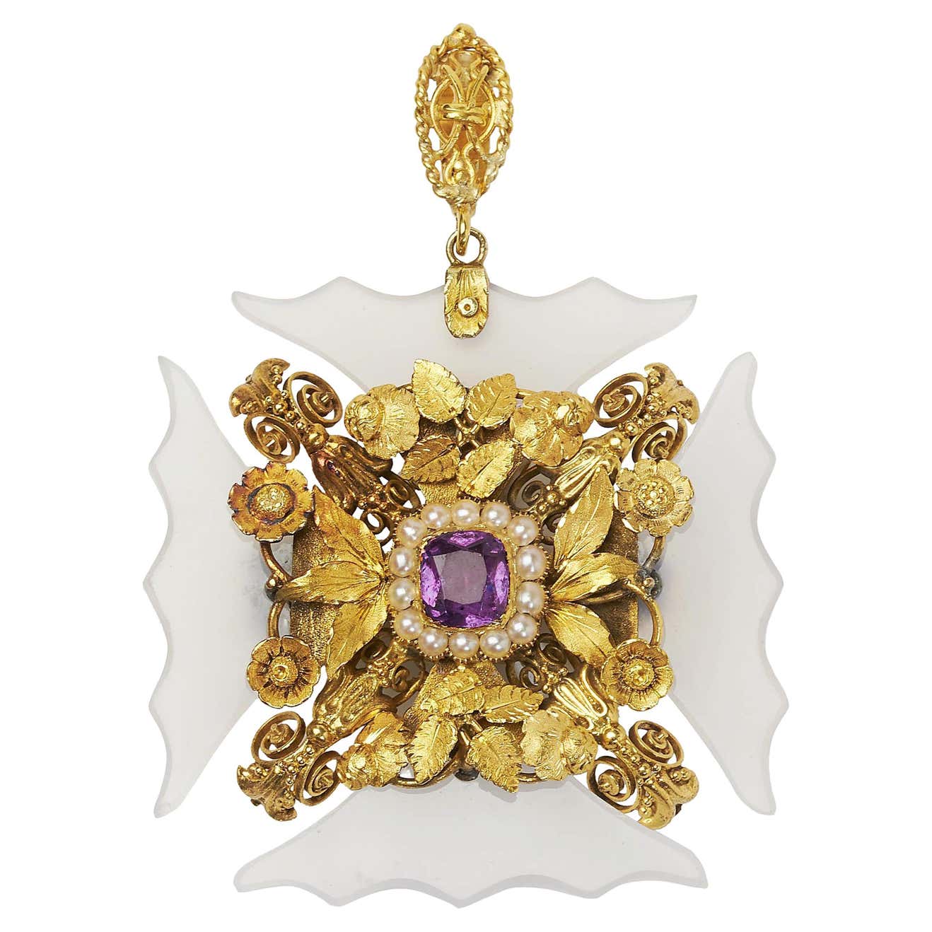 Georgian Chalcedony, Amethyst, Pearl Silver and Gold Cross Pattée ...