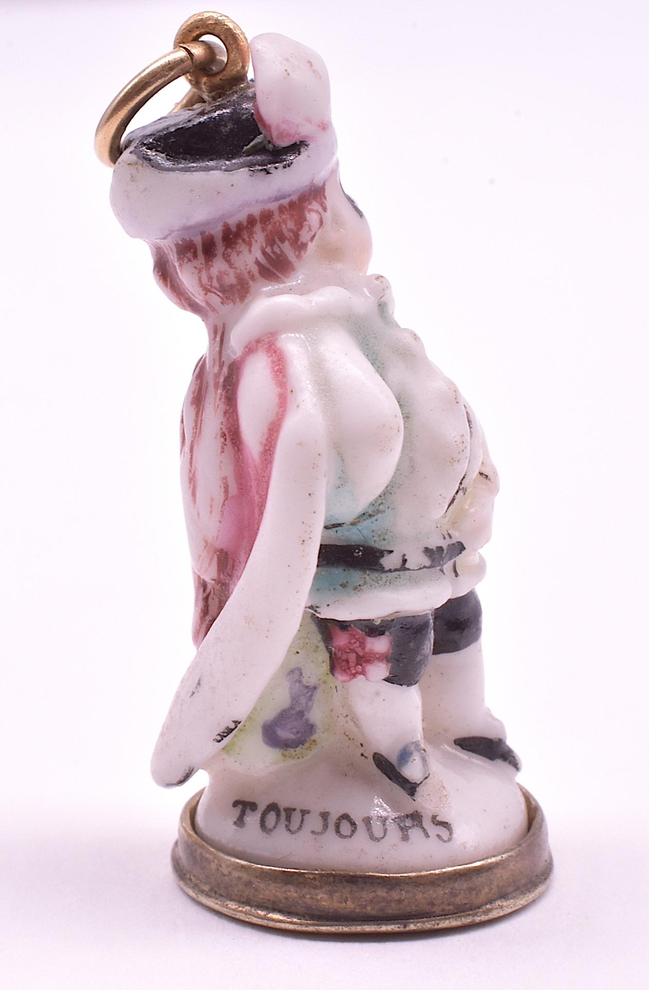 Georgian Chelsea Porcelain Miniature Fob Seal of Masked Man in Tri-Corner Hat 1