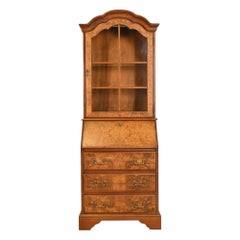 Georgian Cherry and Burl Wood Drop Front Secretary Desk With Bookcase Hutch