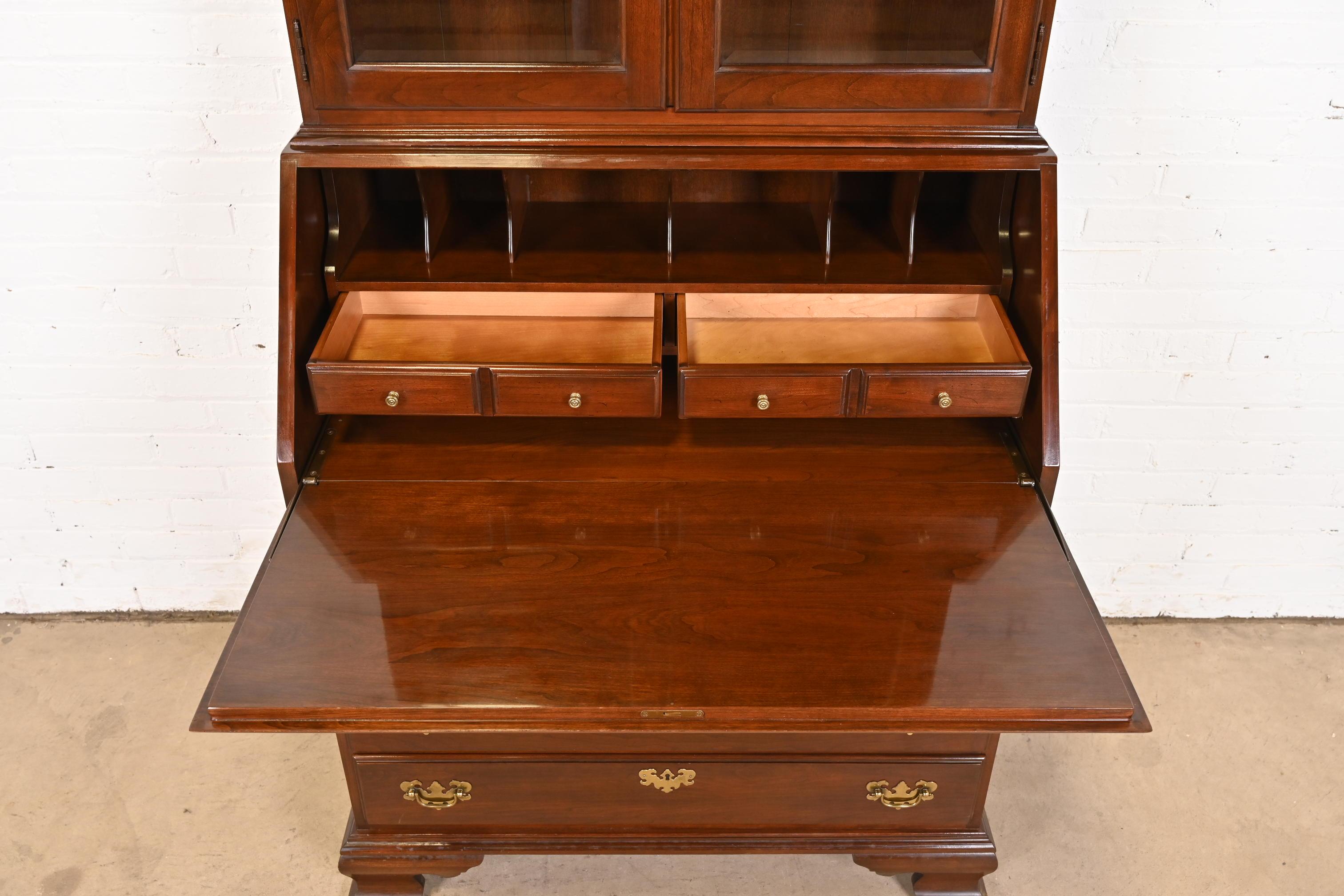 American Georgian Cherry Wood Drop Front Secretary Desk With Bookcase Hutch For Sale