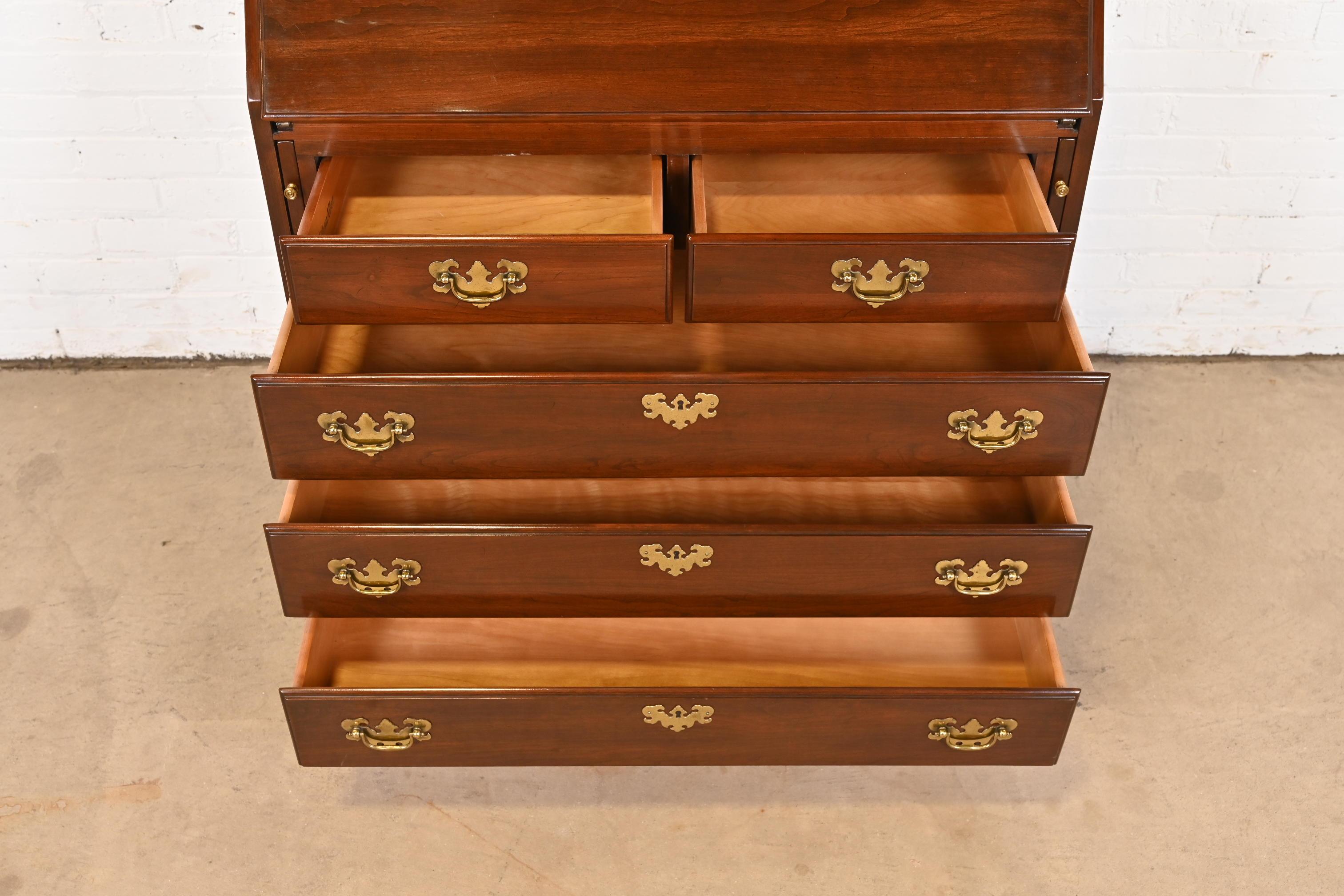 Brass Georgian Cherry Wood Drop Front Secretary Desk With Bookcase Hutch For Sale