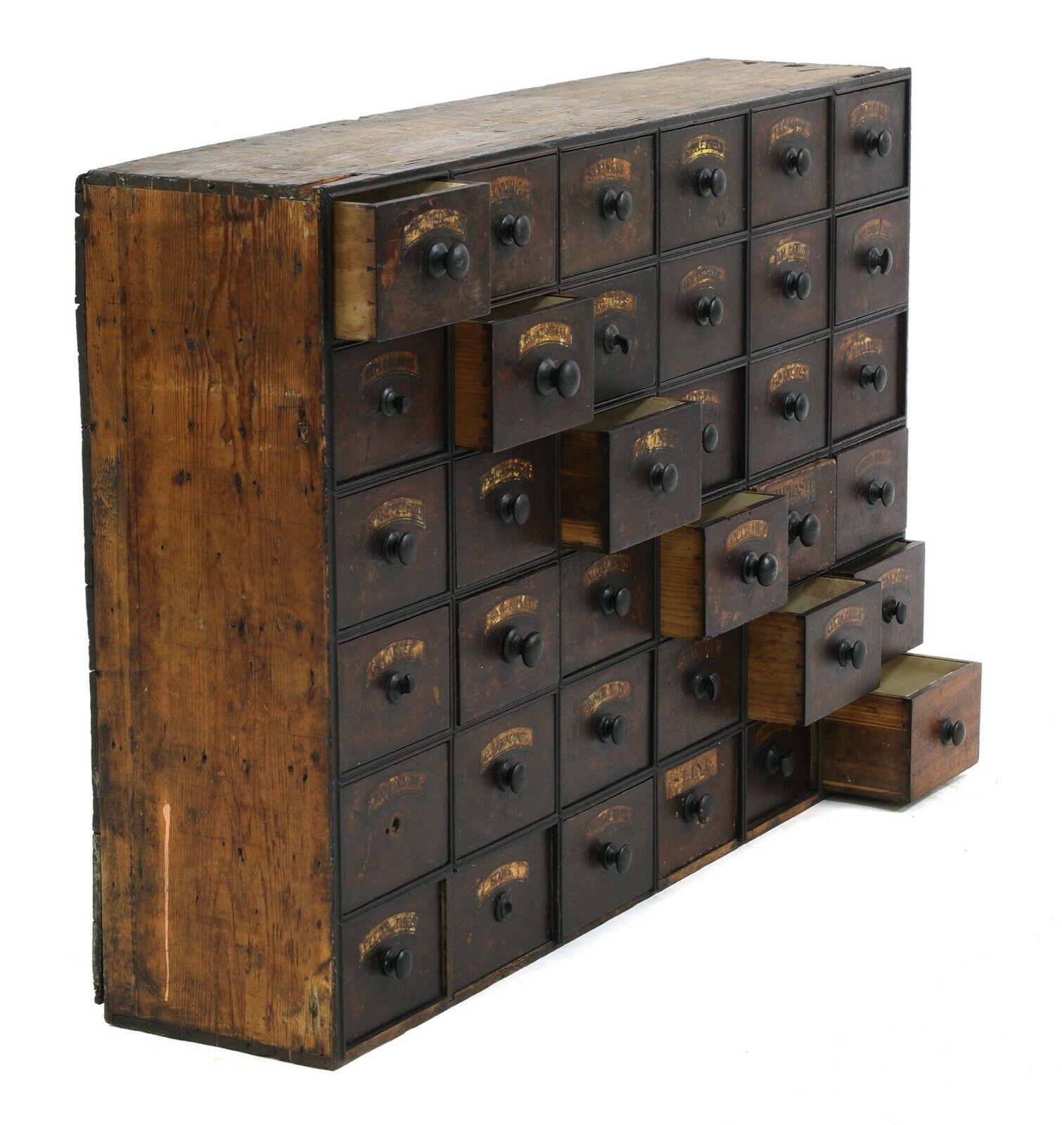 A wonderful and original Georgian chest of Apothecary drawers, circa 1800

Thirty-six drawers with, turned knob handles with original old paper labels, indicating its contents. Lovely patination throughout. 

Measures: Width 114cm Depth 25cm