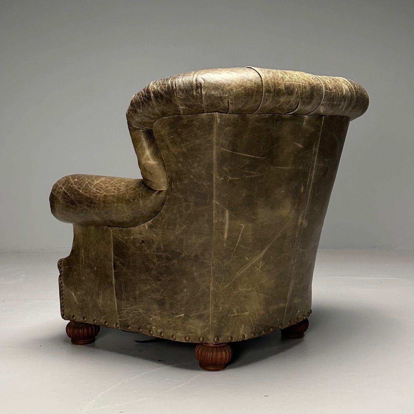 Chaise longue surdimensionnée géorgienne, Chesterfield, cuir vert touffeté en vente 5