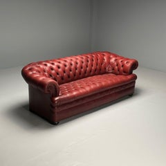 Georgian, Chesterfield Sofa, Tufted, Red Distressed Leather, Bun Feet, 2000s