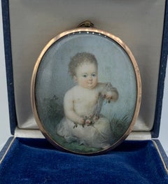 Georgian Child Flower Locket Pendant Gold Portrait Miniature Necklace