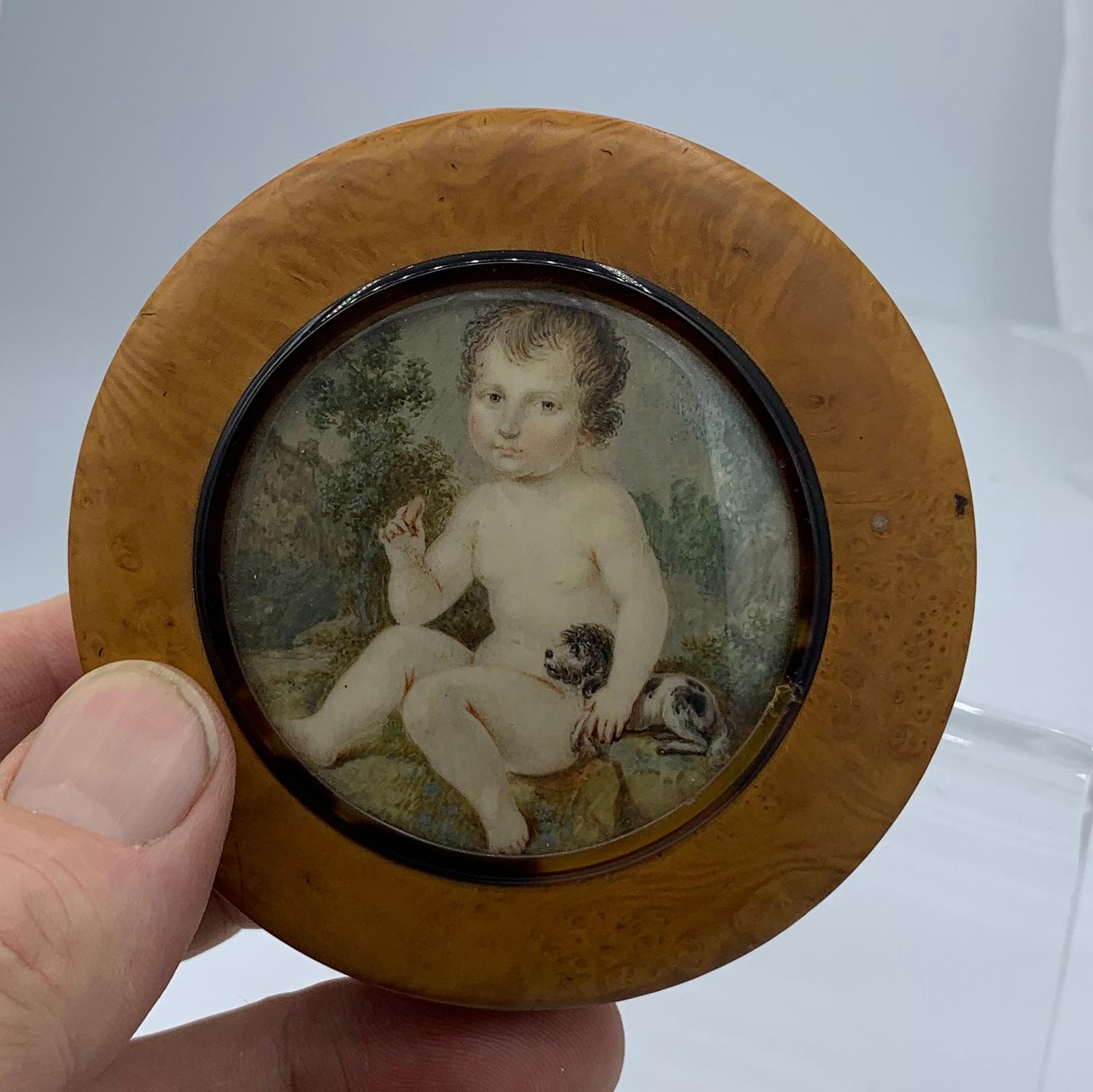 Georgian Child Puppy Dog Portrait Miniature Box Hand Painted Antique For Sale 1