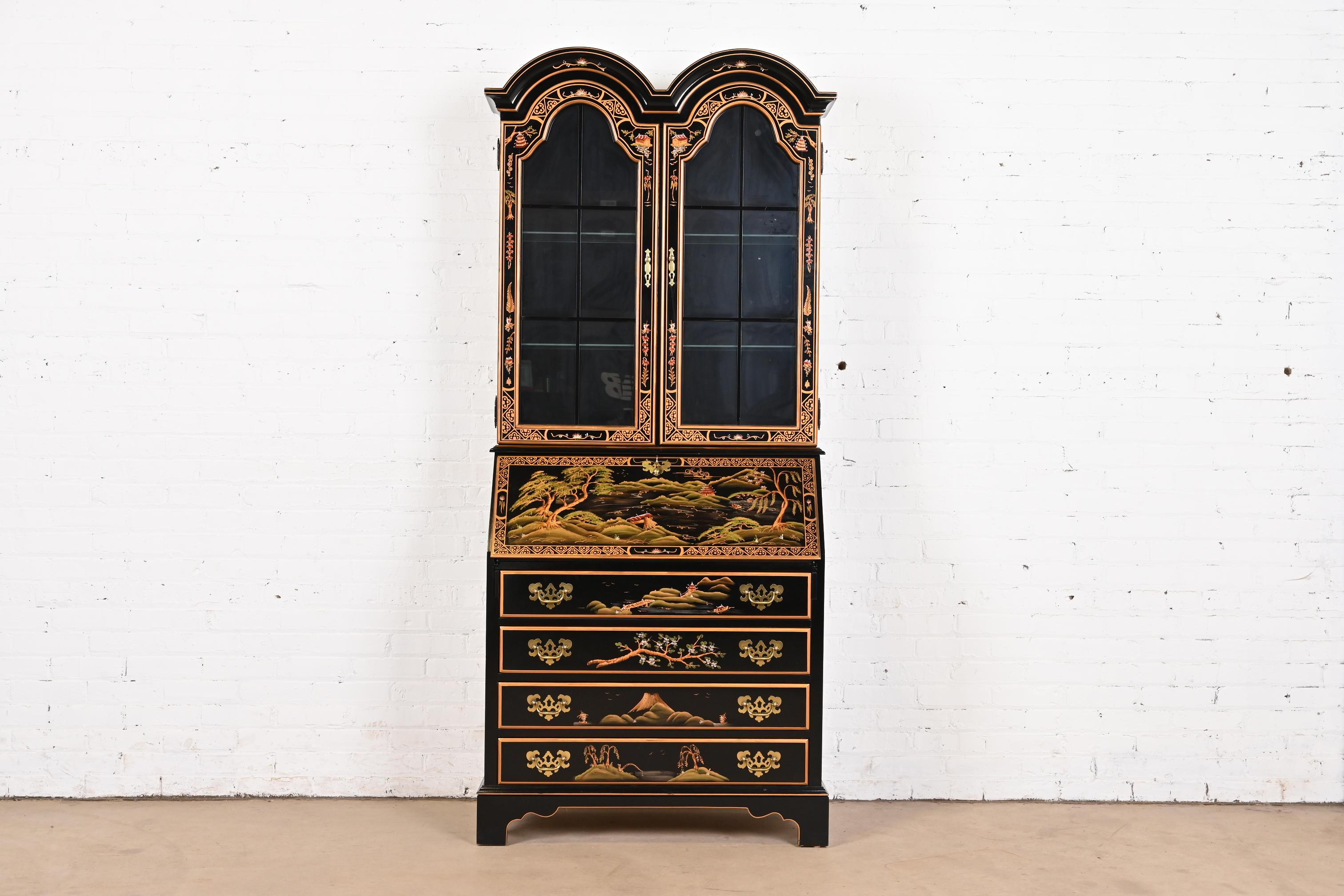 Georgianischer Chinoiserie-Schreibtisch mit schwarzem Lack und handgemalter Tropfenfront (amerikanisch) im Angebot