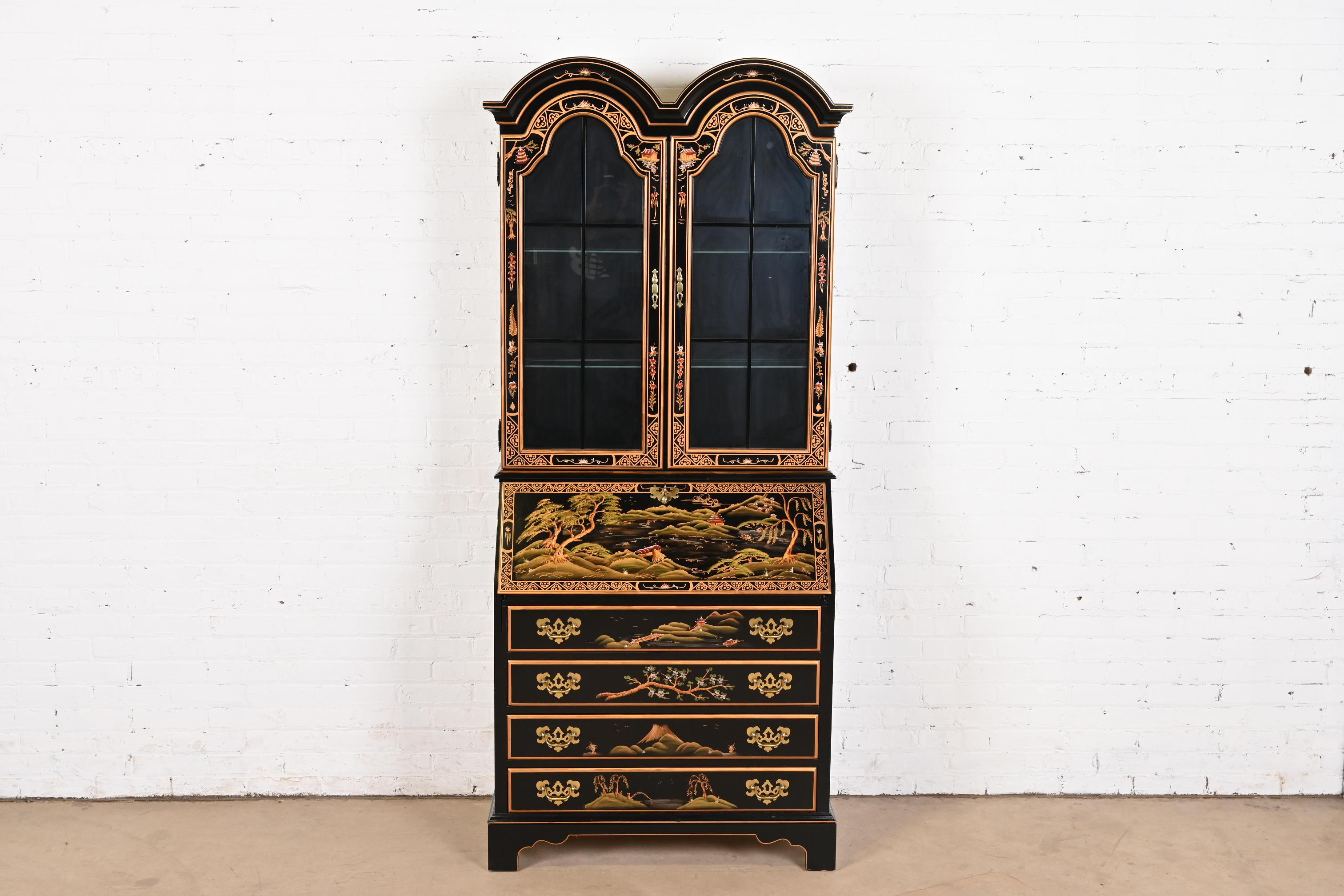 Georgianischer Chinoiserie-Schreibtisch mit schwarzem Lack und handgemalter Tropfenfront im Zustand „Gut“ im Angebot in South Bend, IN