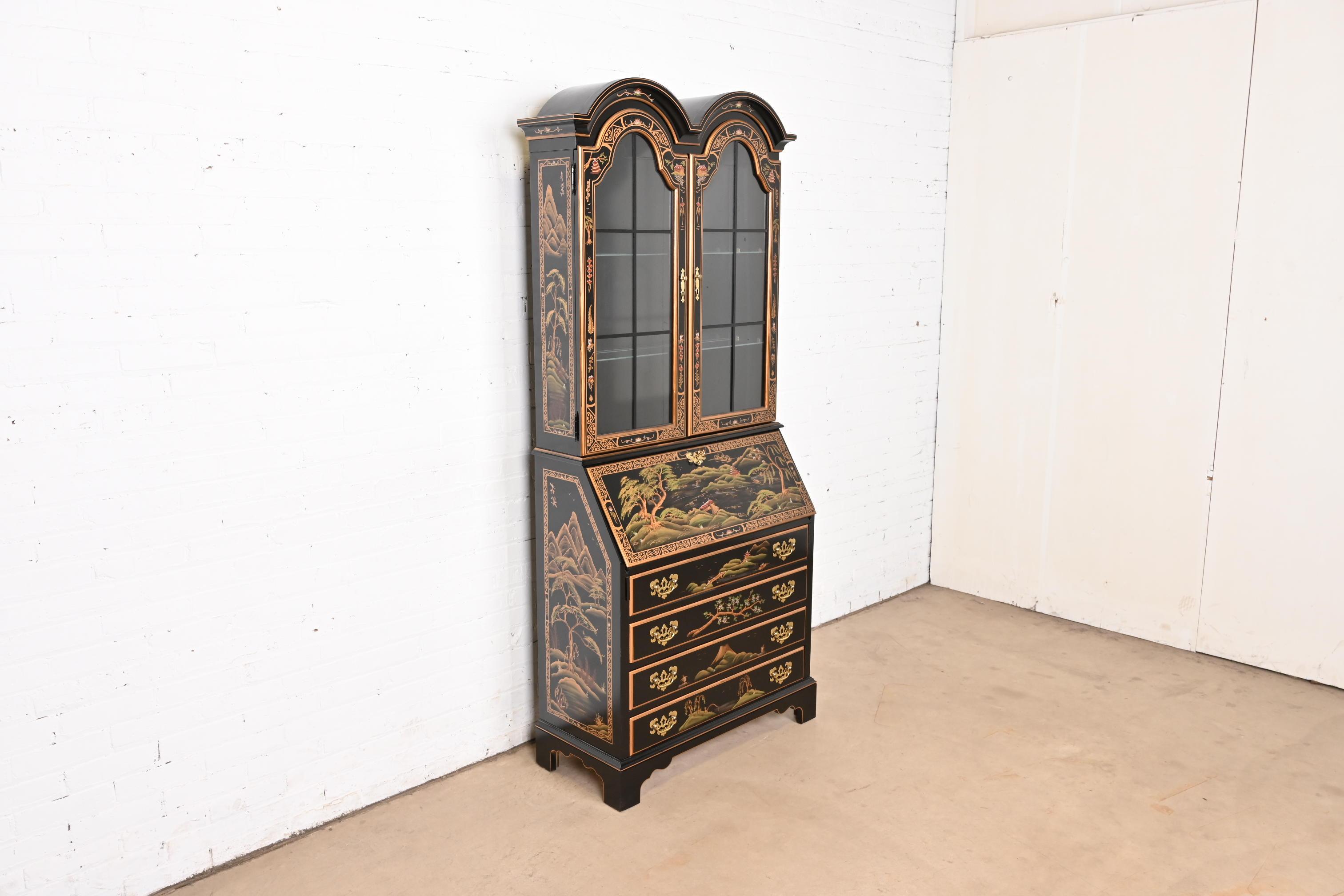 Georgianischer Chinoiserie-Schreibtisch mit schwarzem Lack und handgemalter Tropfenfront (Ende des 20. Jahrhunderts) im Angebot