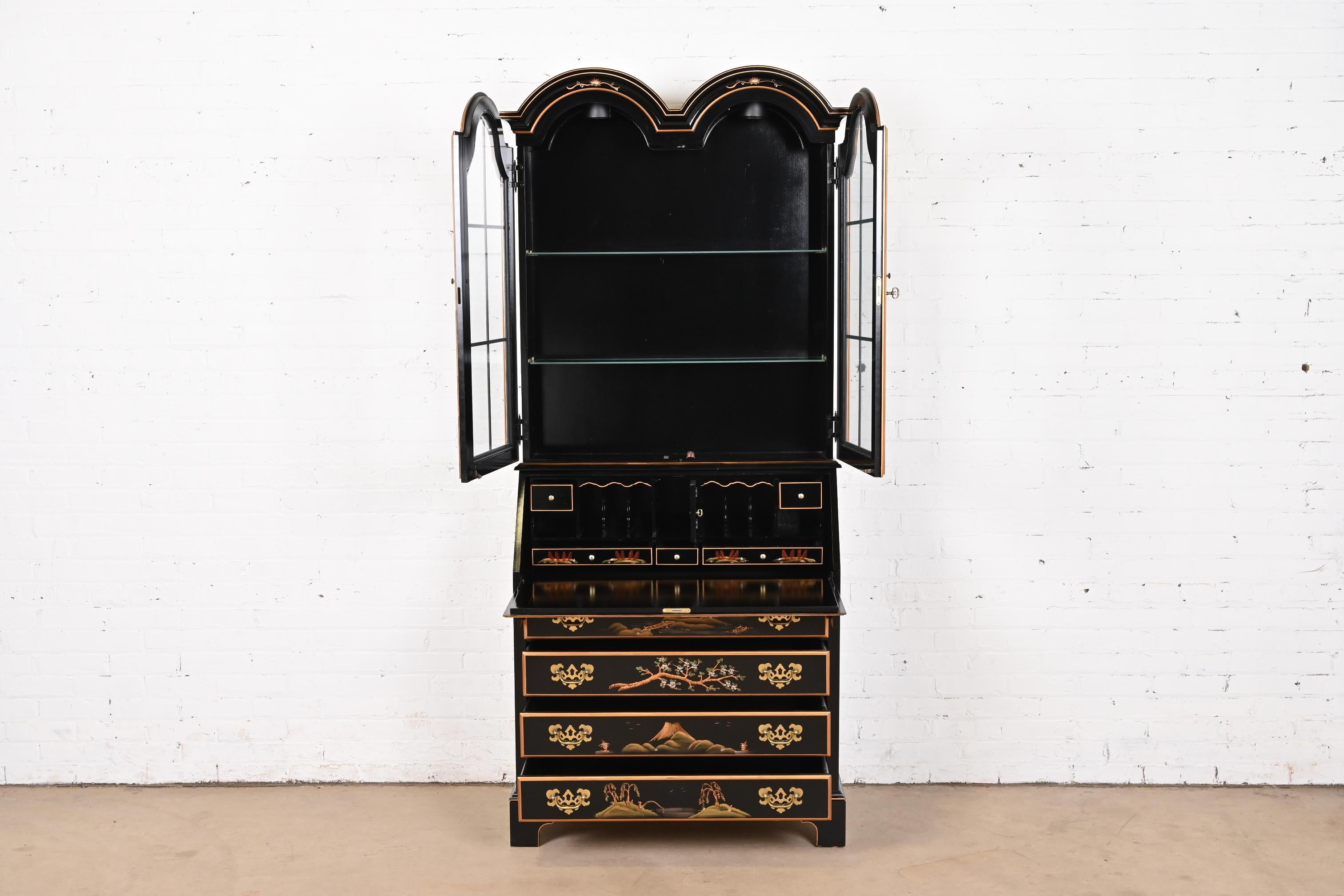 Georgianischer Chinoiserie-Schreibtisch mit schwarzem Lack und handgemalter Tropfenfront (Messing) im Angebot