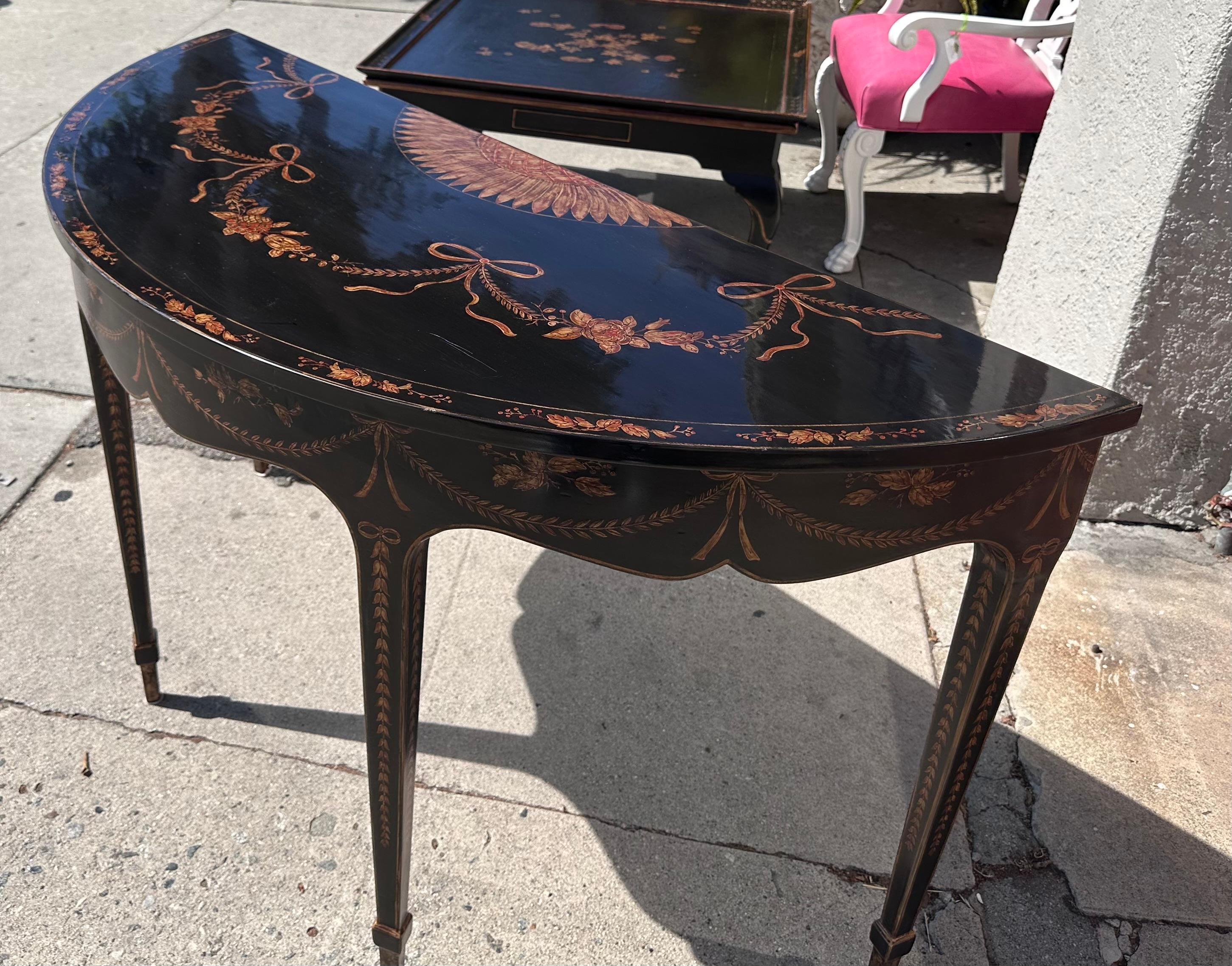 American Georgian Chinoiserie Burton Ching Ltd Demilune Console Table