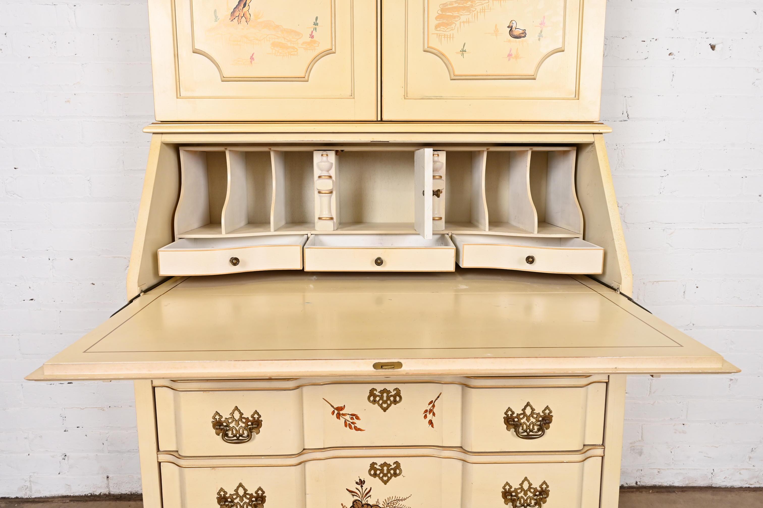 Georgian Chinoiserie Cream Lacquered Hand Painted Secretary Desk With Bookcase For Sale 5