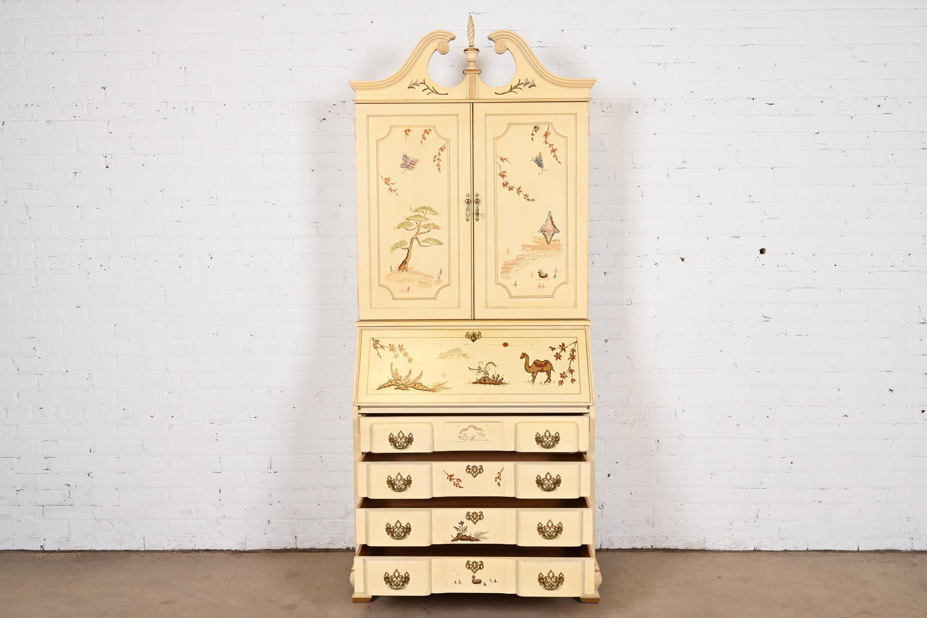 Georgian Chinoiserie Cream Lacquered Hand Painted Secretary Desk With Bookcase For Sale 6