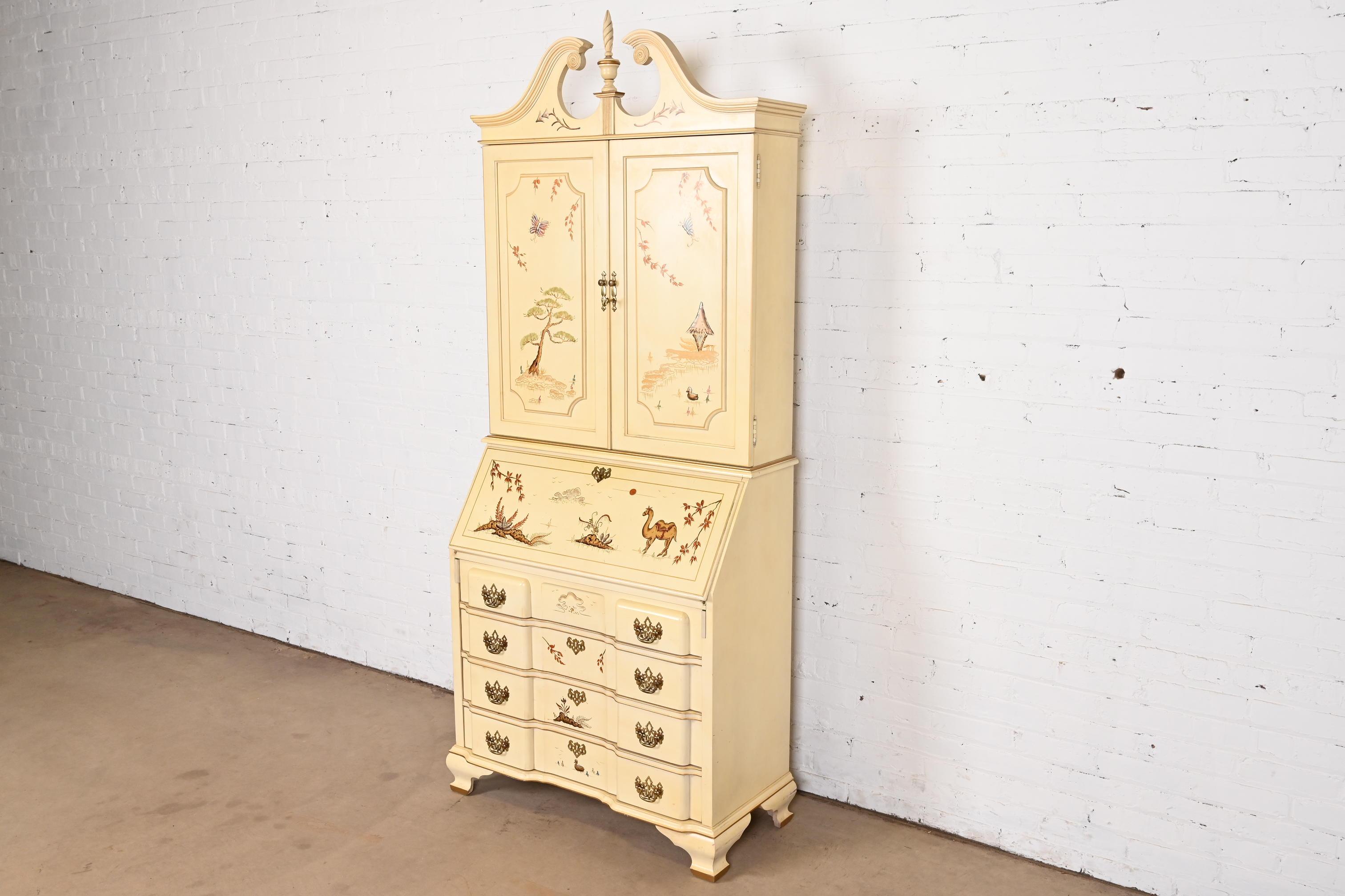 American Georgian Chinoiserie Cream Lacquered Hand Painted Secretary Desk With Bookcase For Sale
