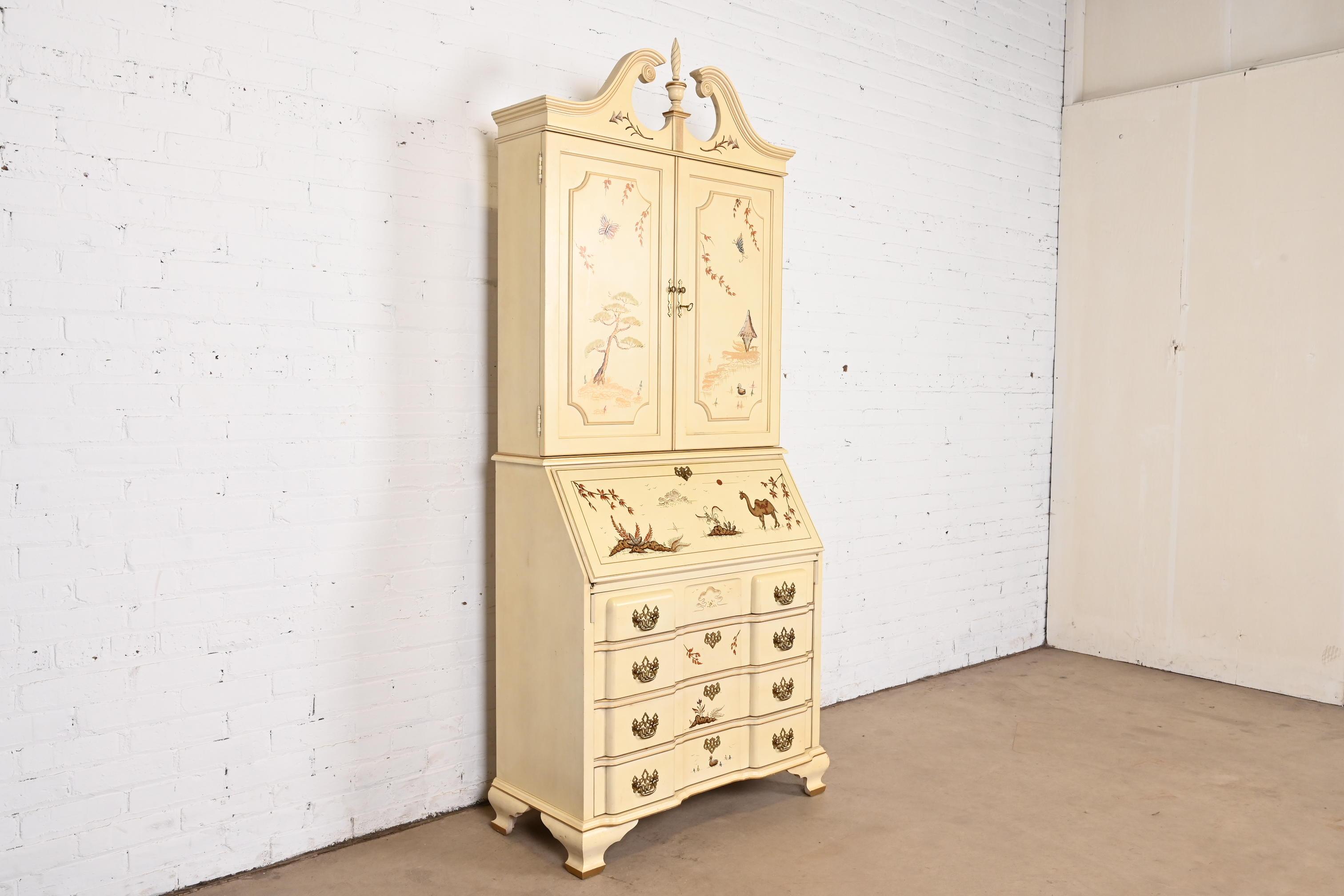 20th Century Georgian Chinoiserie Cream Lacquered Hand Painted Secretary Desk With Bookcase For Sale