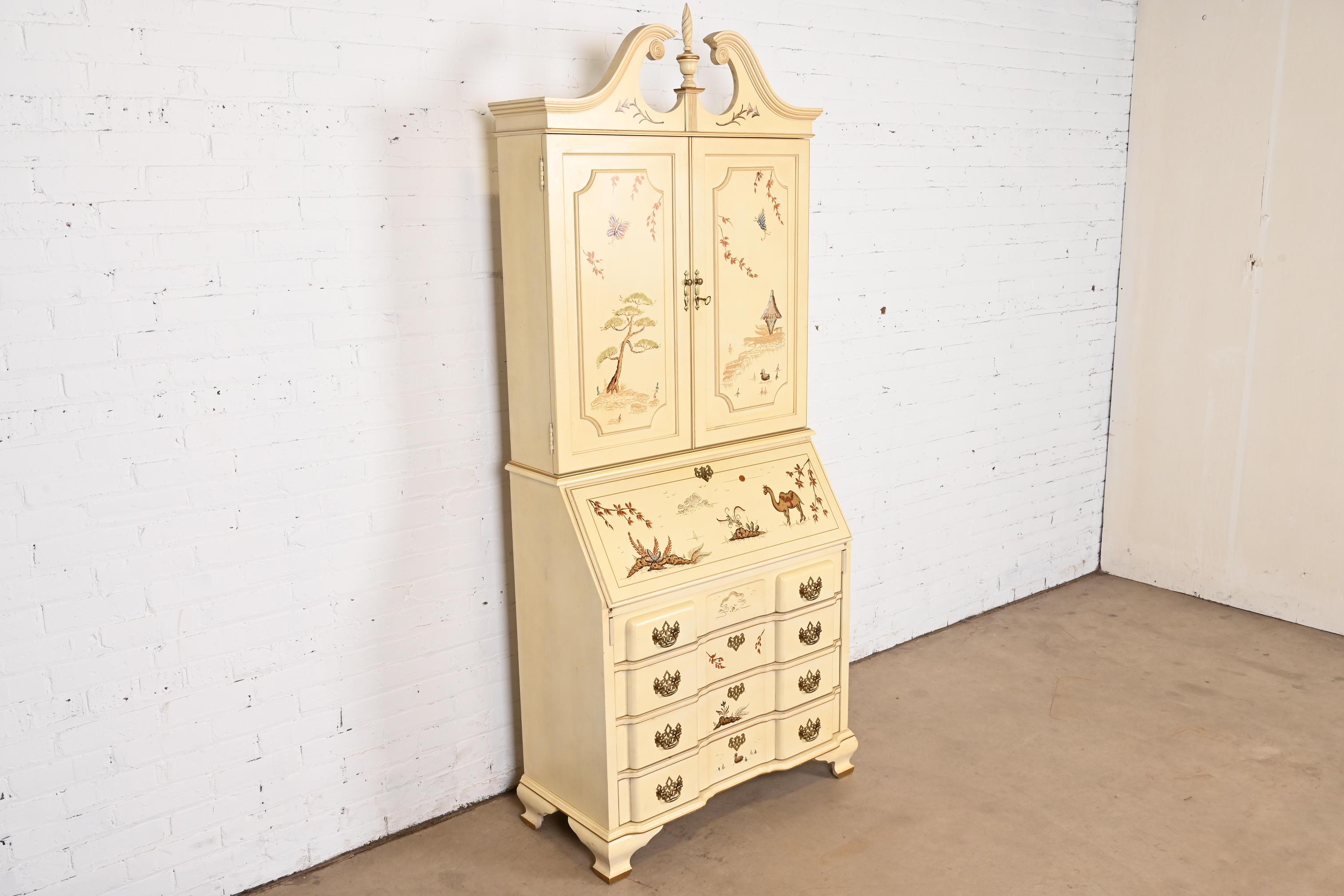 Brass Georgian Chinoiserie Cream Lacquered Hand Painted Secretary Desk With Bookcase For Sale