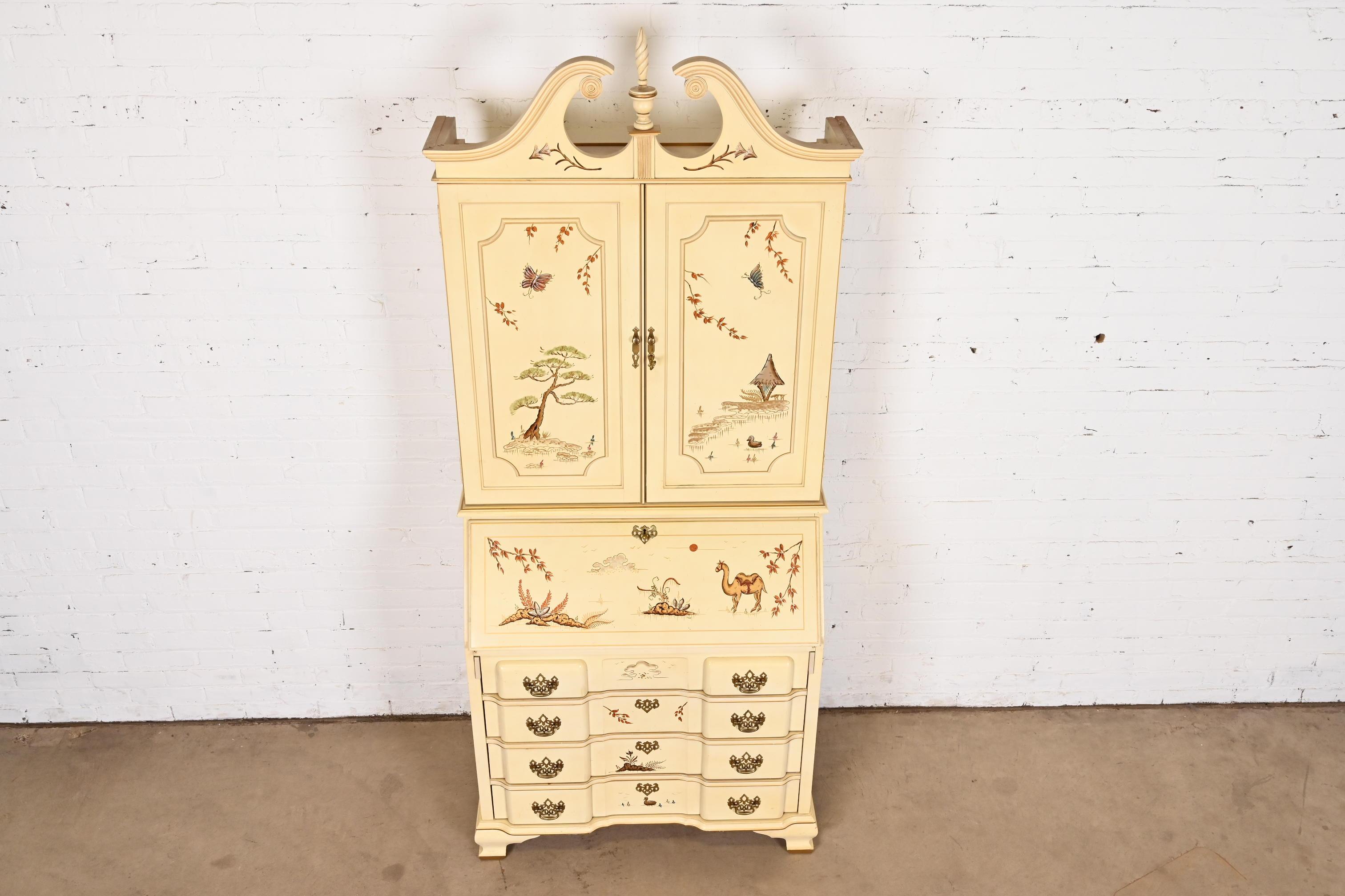 Georgian Chinoiserie Cream Lacquered Hand Painted Secretary Desk With Bookcase For Sale 1