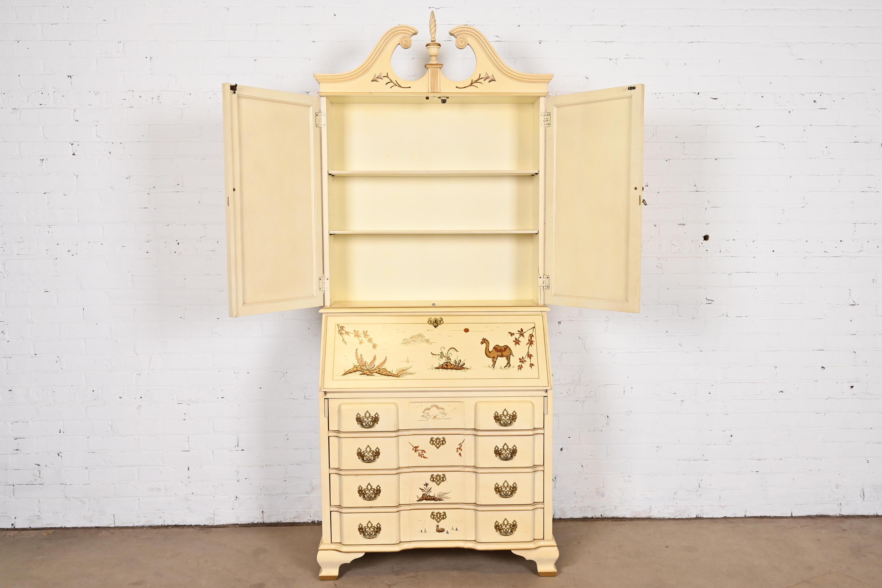 Georgian Chinoiserie Cream Lacquered Hand Painted Secretary Desk With Bookcase For Sale 2