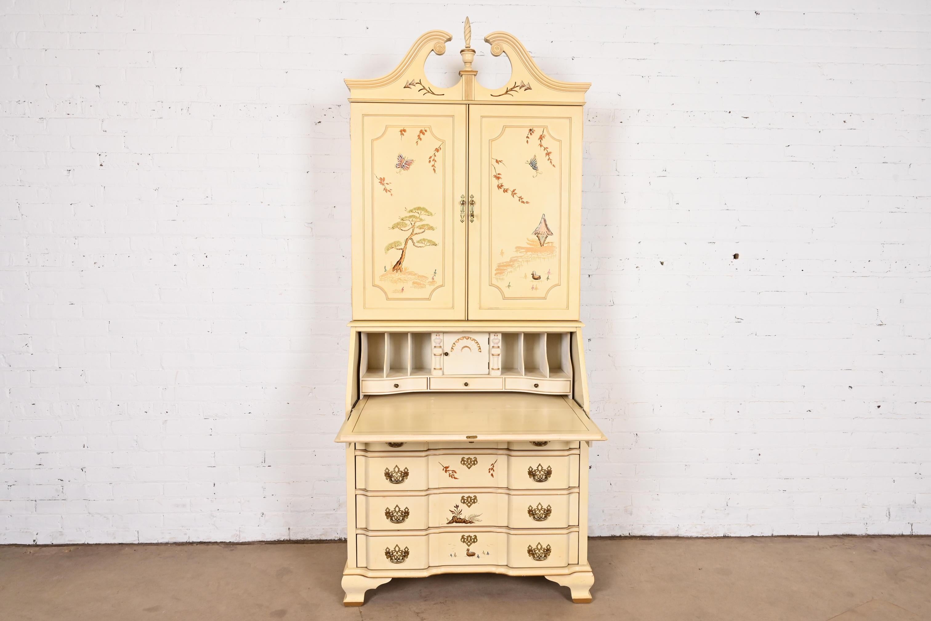Georgian Chinoiserie Cream Lacquered Hand Painted Secretary Desk With Bookcase For Sale 3