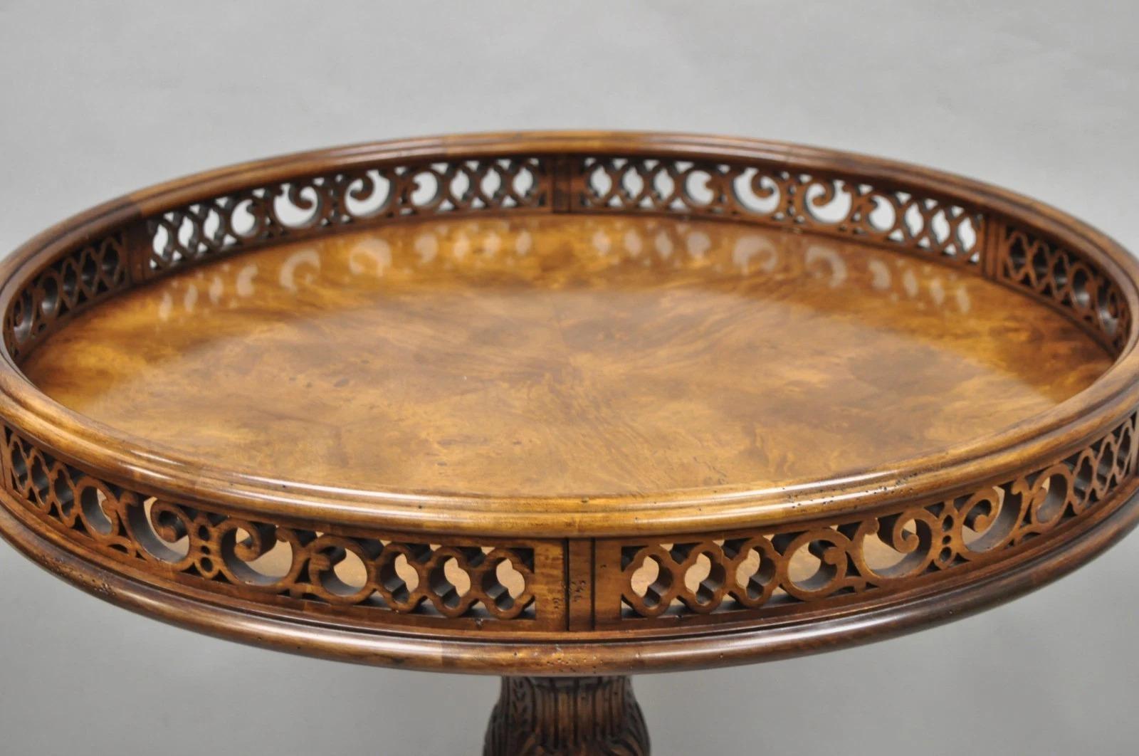 Please message us with your zip code to request a more reasonable domestic U.S. shipping quote.

Reproduction Georgian Chippendale Style Carved Mahogany Fretwork Gallery Round Occasional Side Table. Item features a carved pedestal base, beautiful