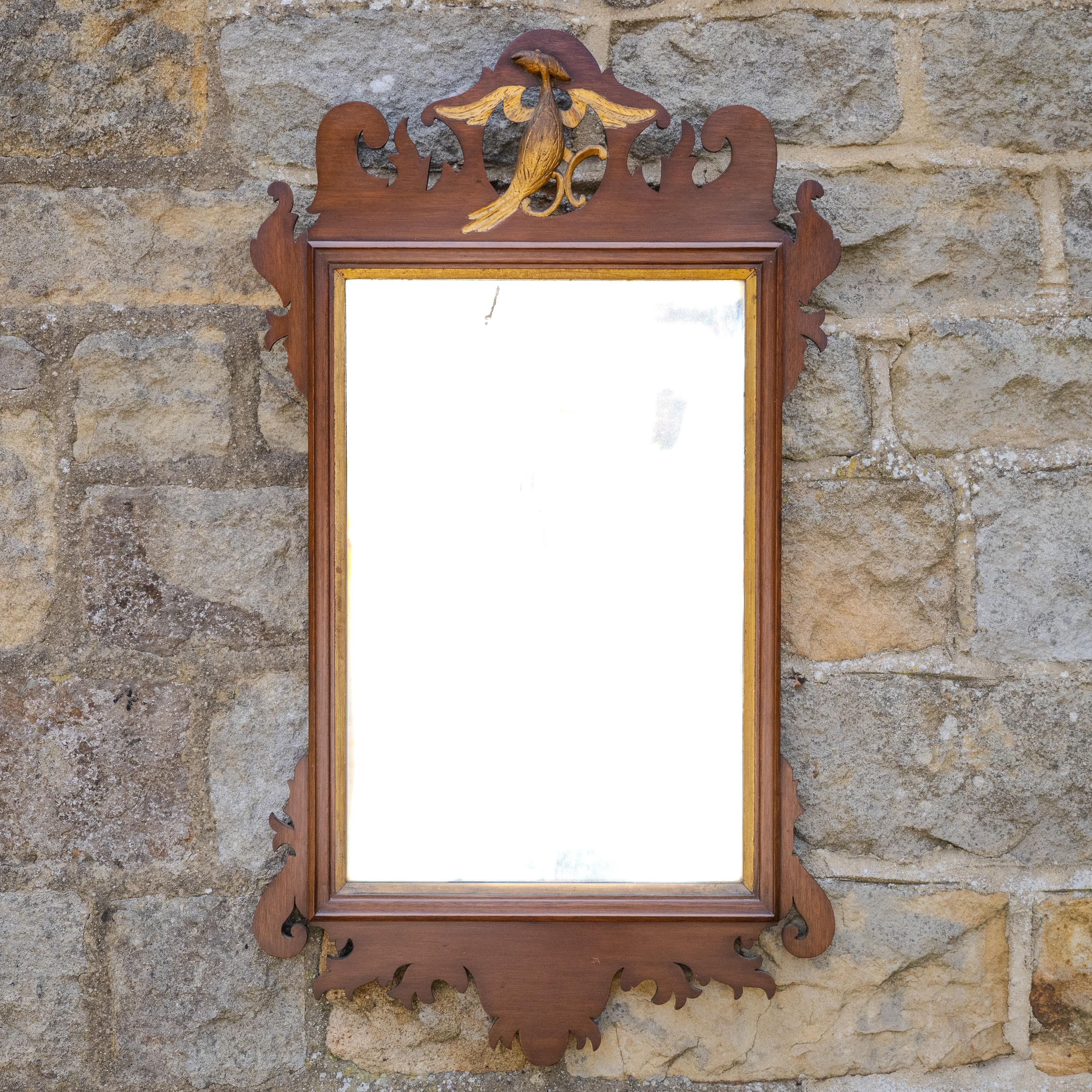 Specchio da parete georgiano di design Chippendale in mogano e traforo dorato, databile tra la fine del XIX e l'inizio del XX secolo.  Specchio da parete con cornice in mogano impiallacciato a traforo, lastra oblunga con bordo interno dorato, piano