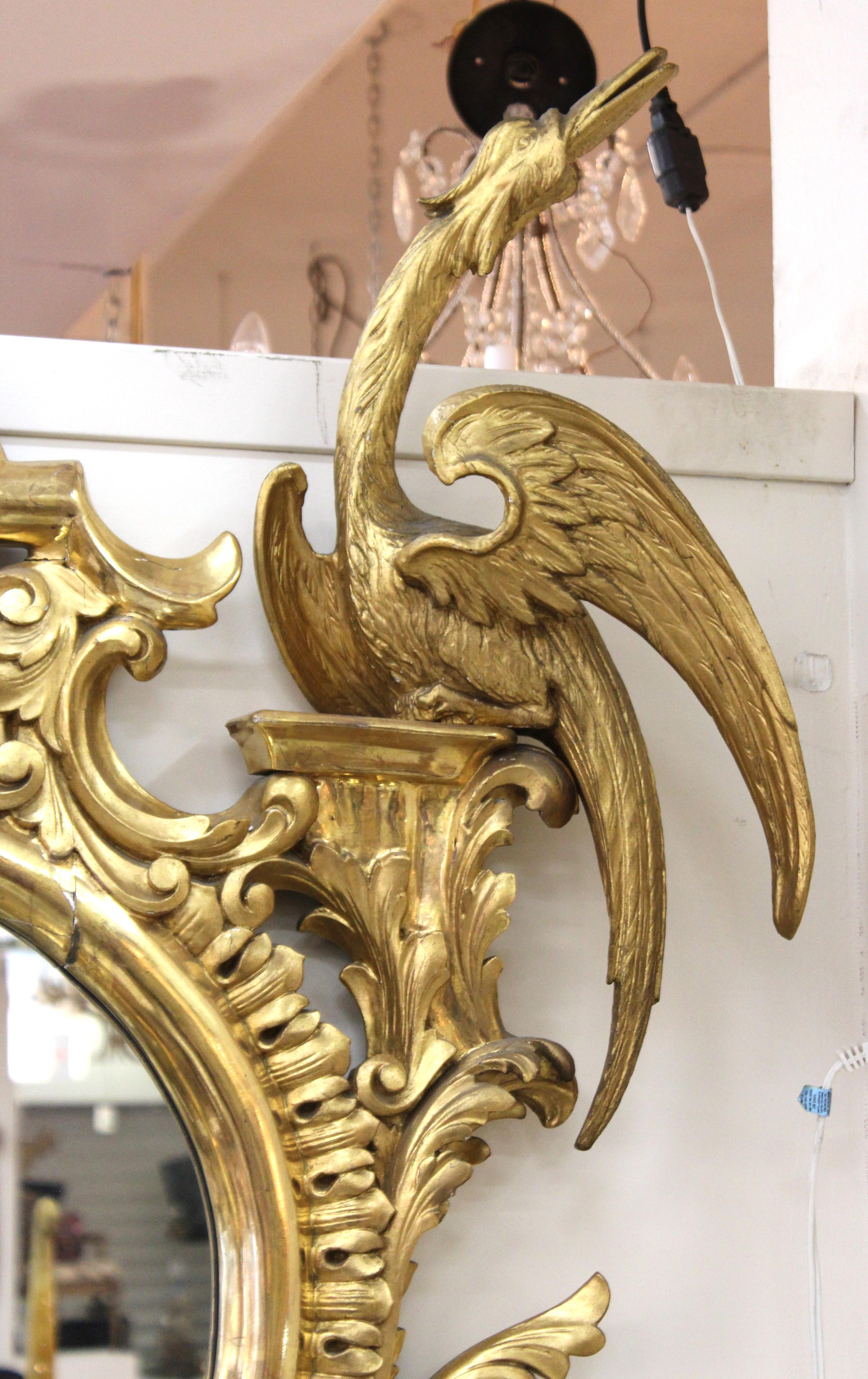Chinese Chippendale Georgian Chippendale Style Giltwood Carved Mantel Mirror with Ho Ho Birds